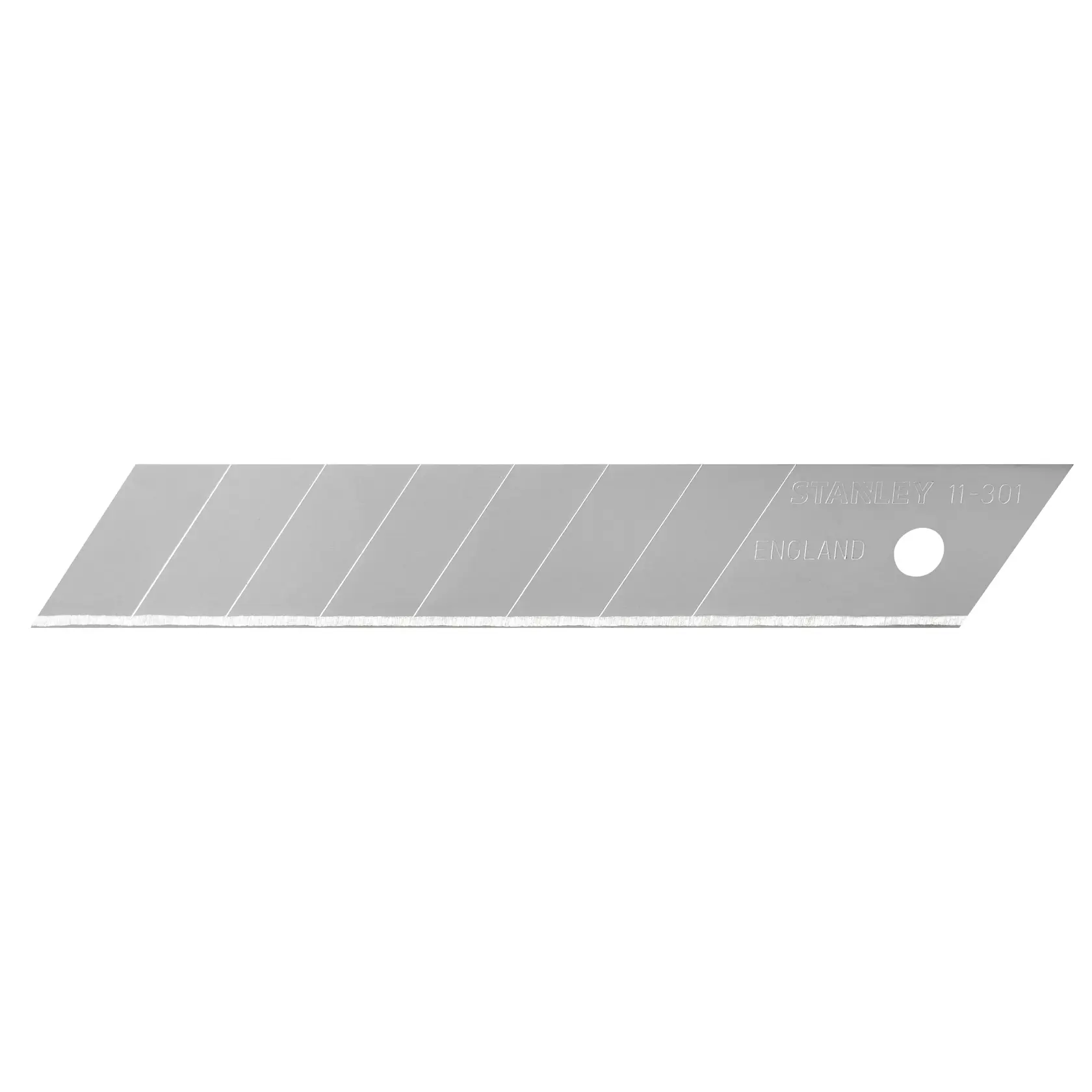 STANLEY 0-11-301 utility knife snap-off blade, silver, straight-on angle, with segmented cutting edges.