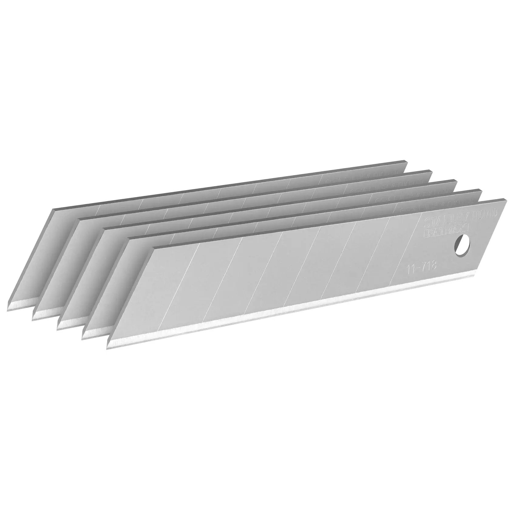 STANLEY 0-11-718 snap-off utility knife blades, silver, pack of 5, side angle on white background.