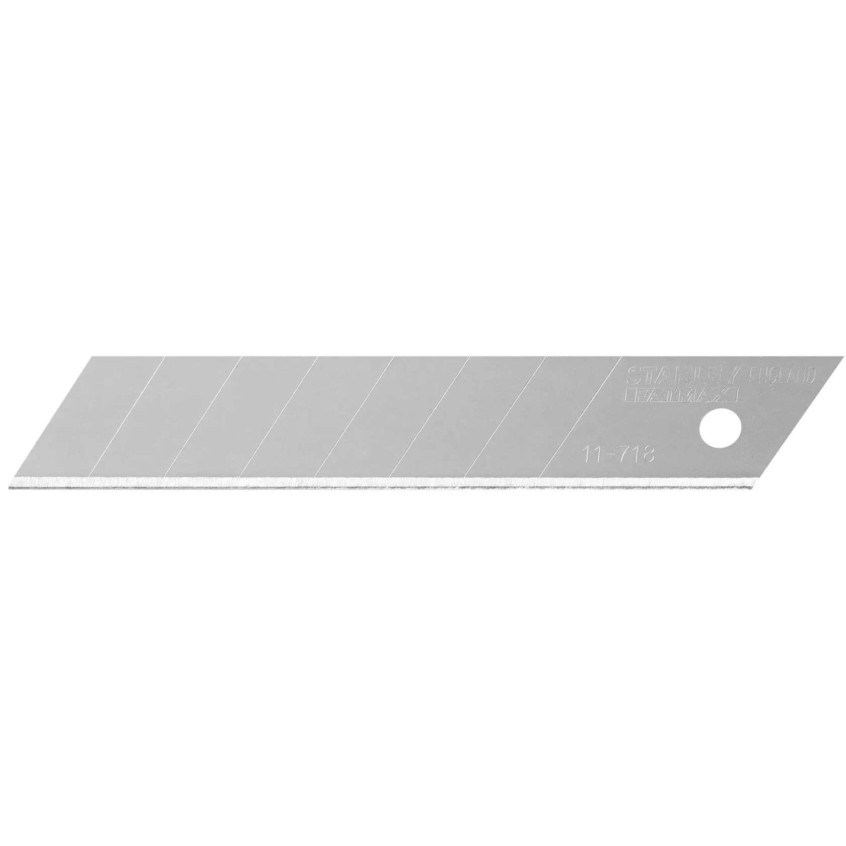 STANLEY 0-11-718 snap-off utility blade, silver, angled end, visible score lines, white background, side view.