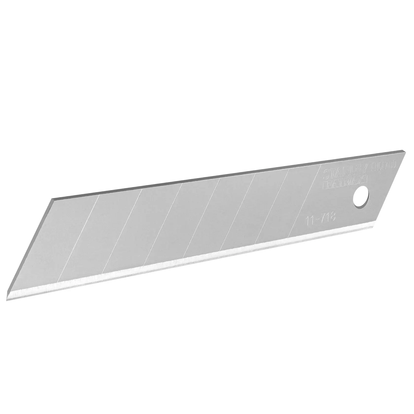 STANLEY 0-11-718 snap-off utility knife blade, segmented silver metal, side angle on white background.