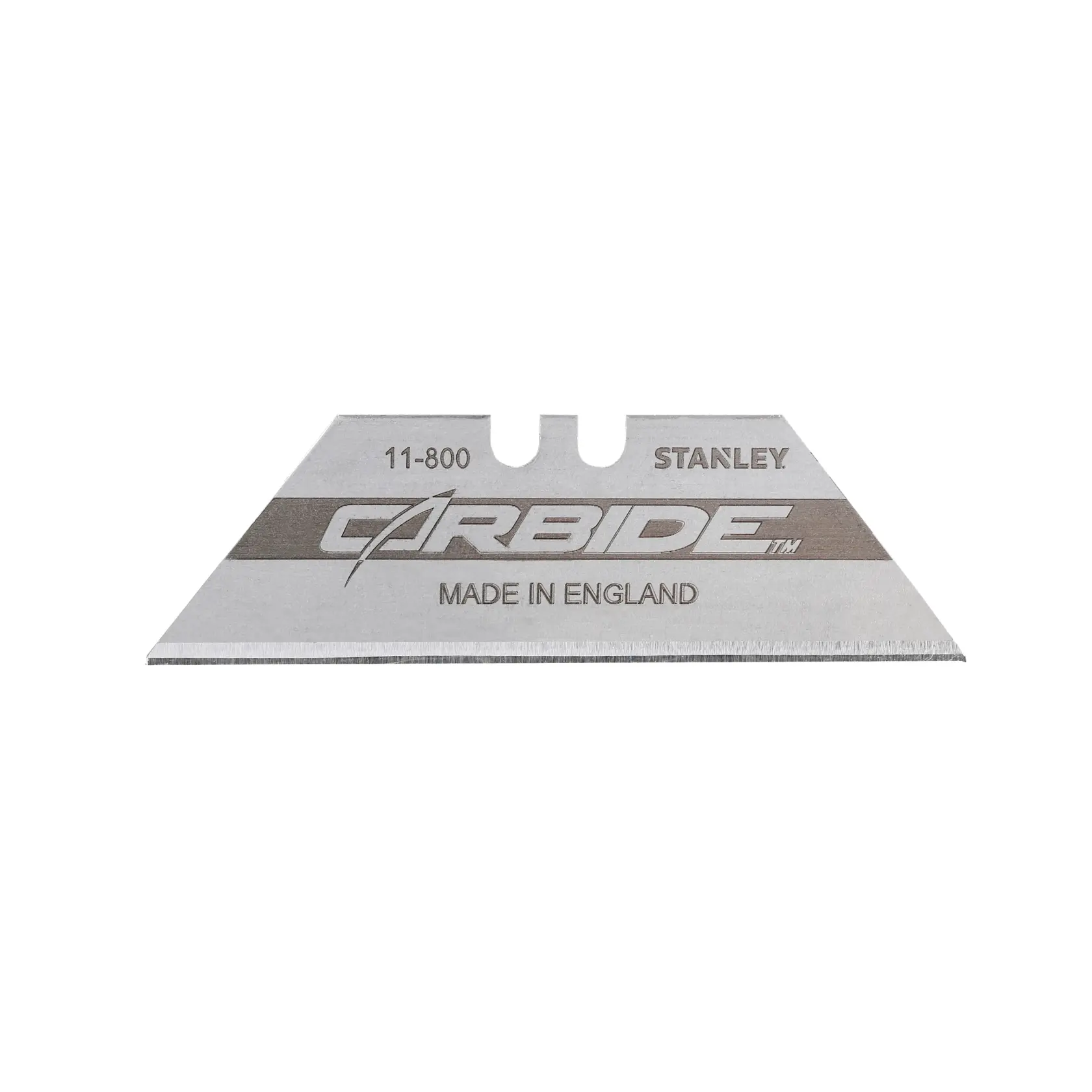 STANLEY 0-11-800 carbide utility blade, trapezoid shape, silver finish, front angle on white background.