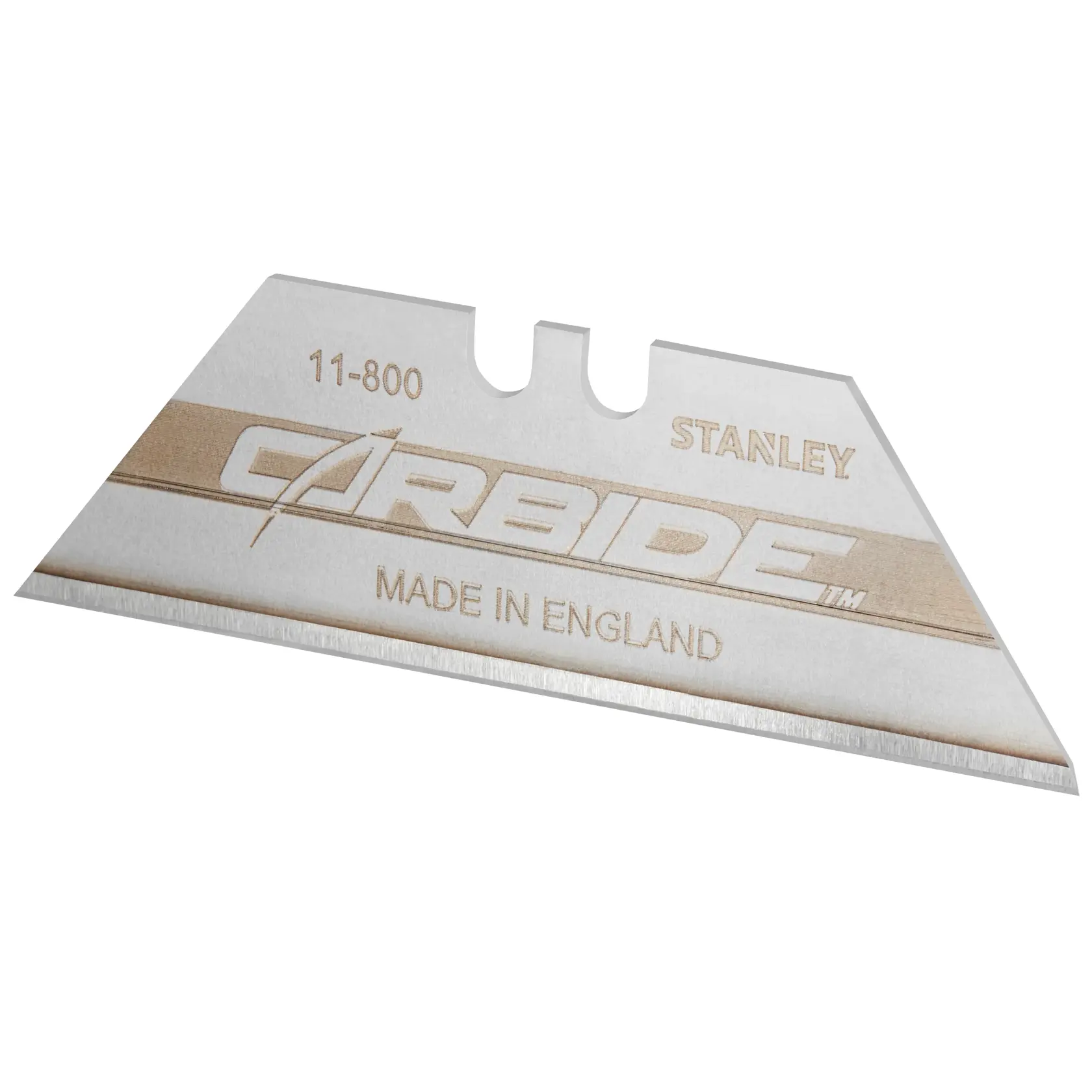 Photo of STANLEY 0-11-800 utility knife blade with carbide edge, angled view, silver and gold text, made in England.