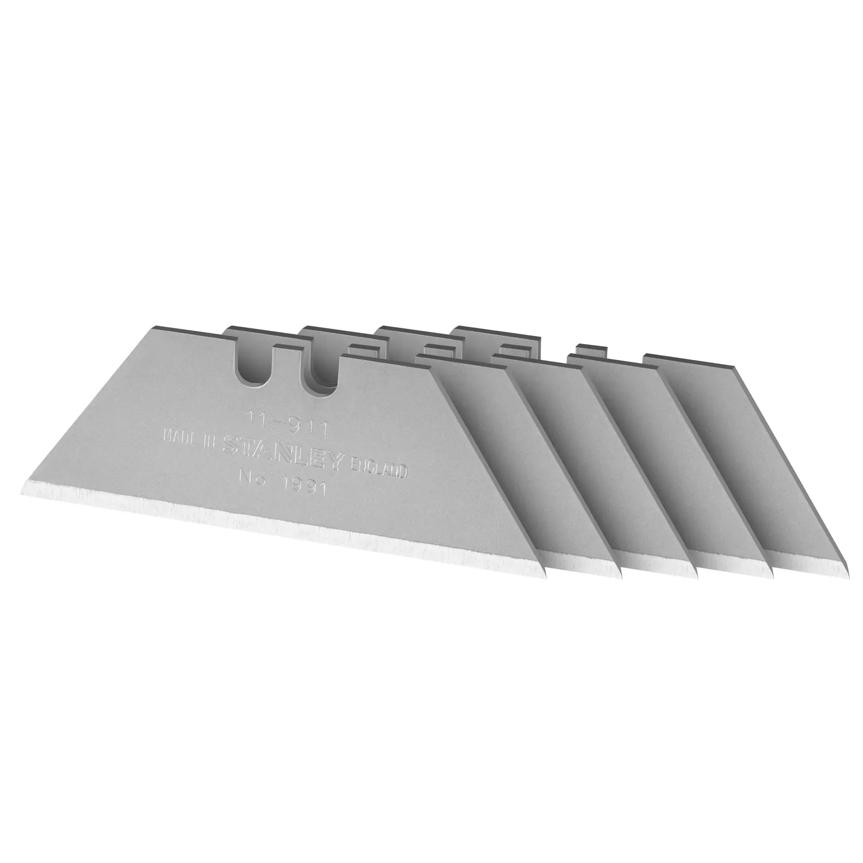 STANLEY 0-11-911 utility knife blades, silver, angled stack, white background, photography of product front angle.