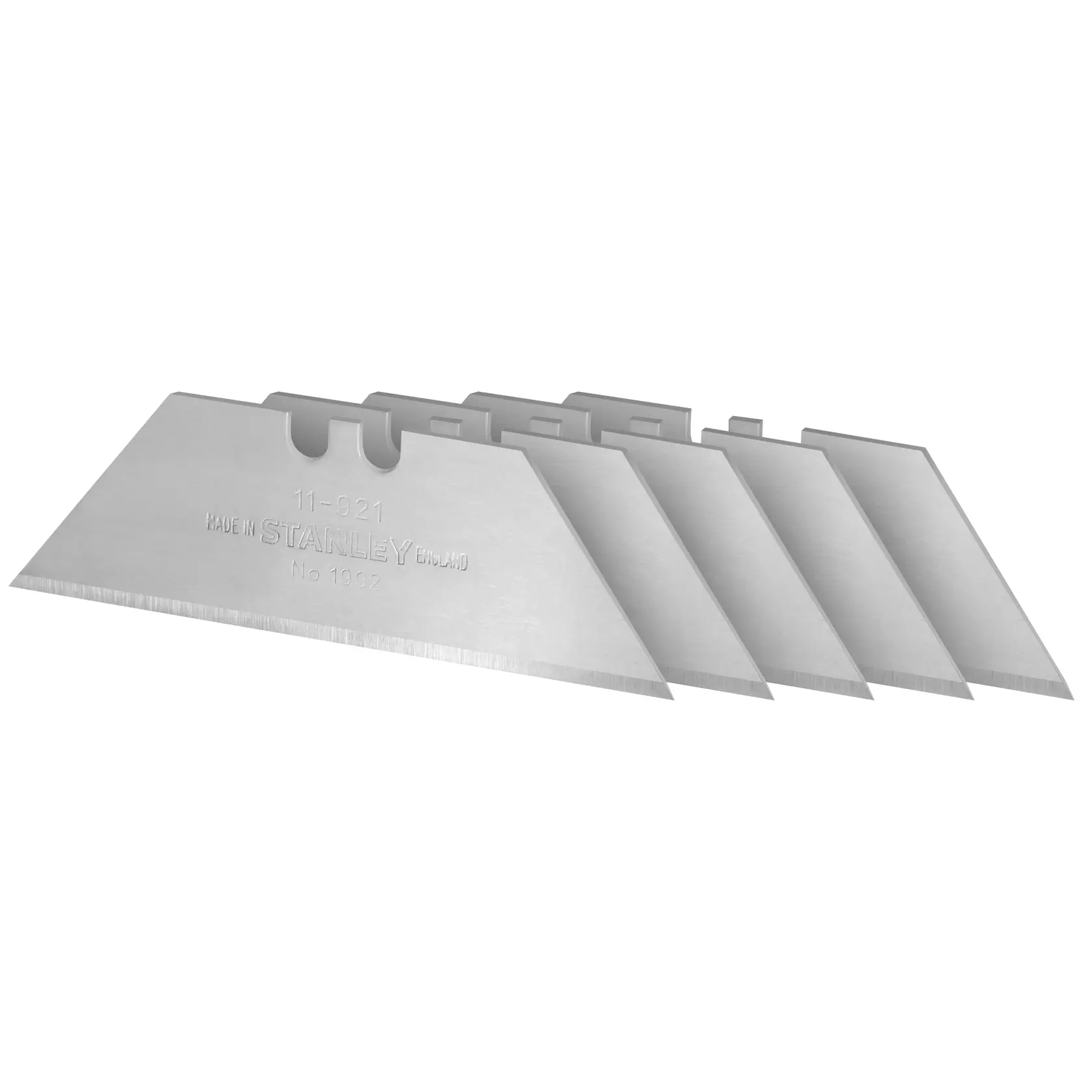 Five STANLEY utility knife blades arranged in a row on a white background.