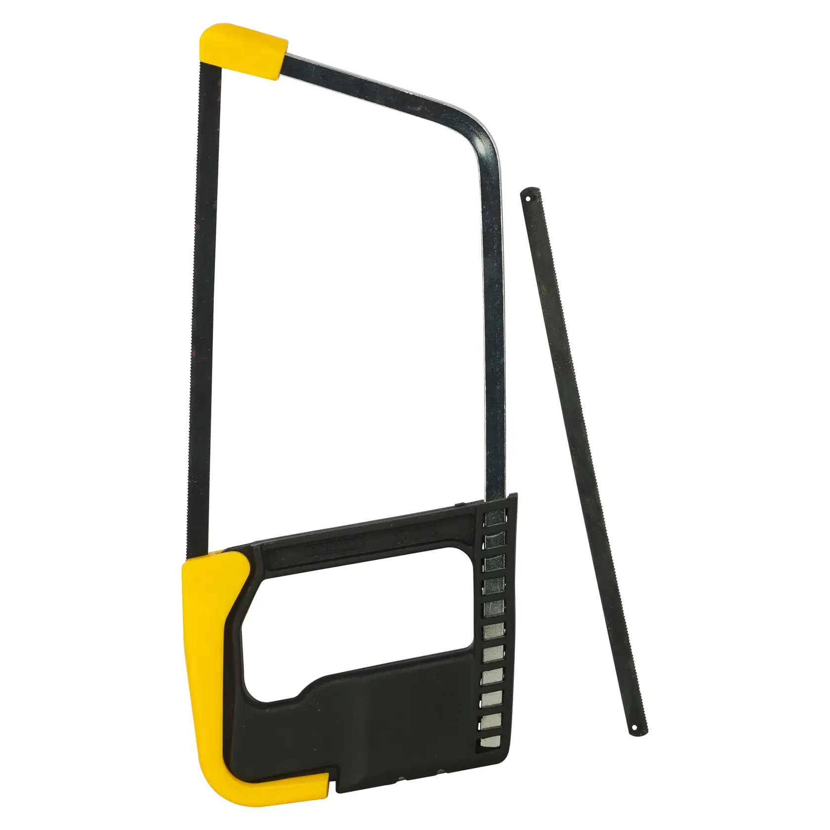 Stanley hacksaw with yellow and black handle, shown with an extra blade on a white background.