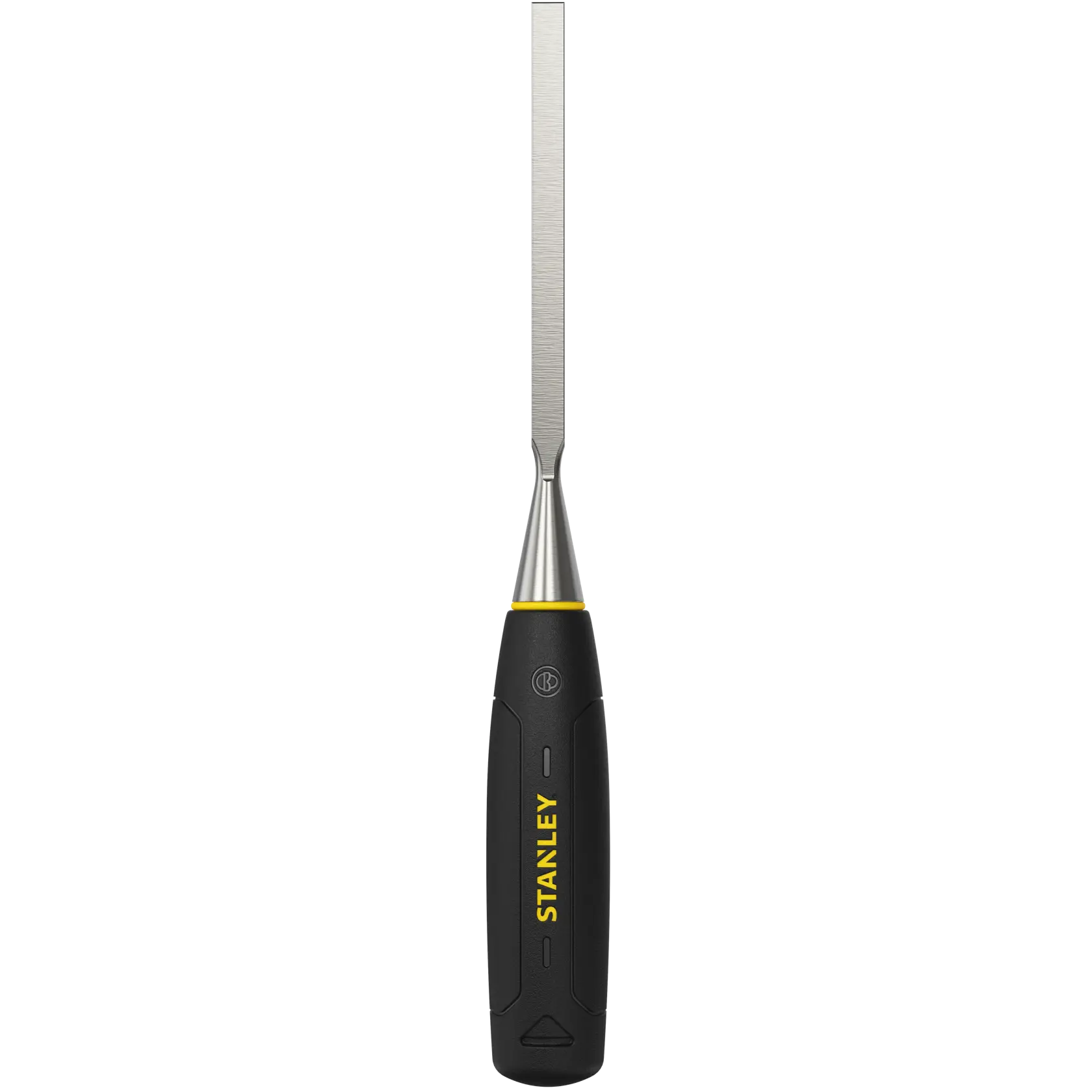 STANLEY 0-16-537 chisel with black and yellow handle, front angle on white background.