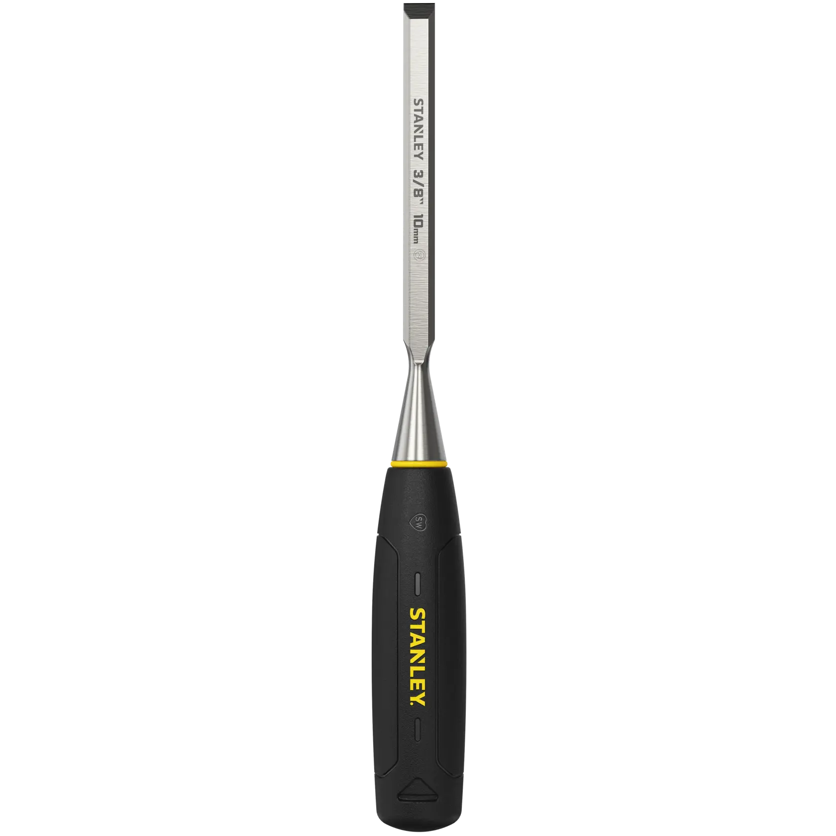 STANLEY 0-16-539 chisel with blue handle and beveled steel blade, product side angle on white background.
