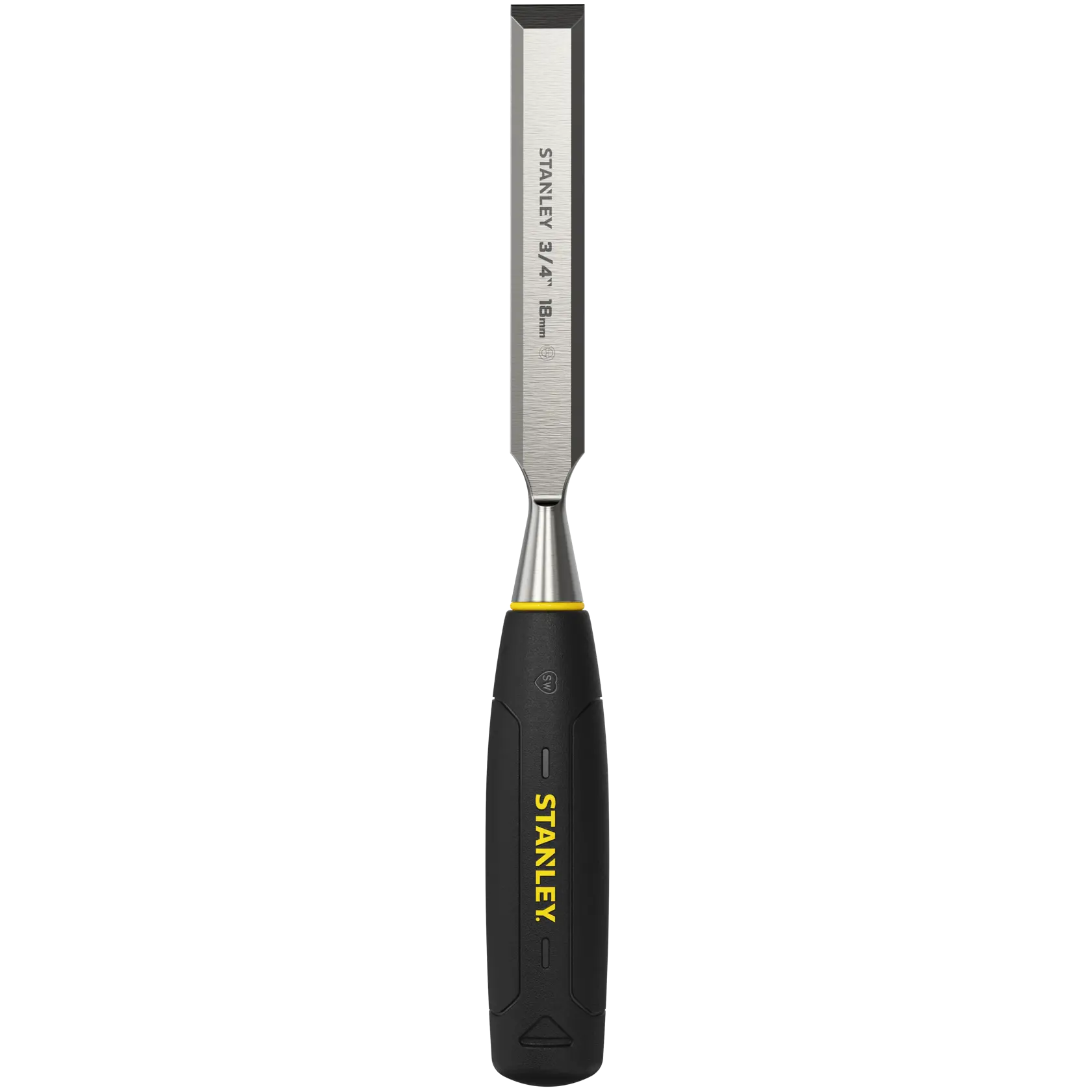 Photo of STANLEY 0-16-545 woodworking chisel with blue handle, side angle on white background.