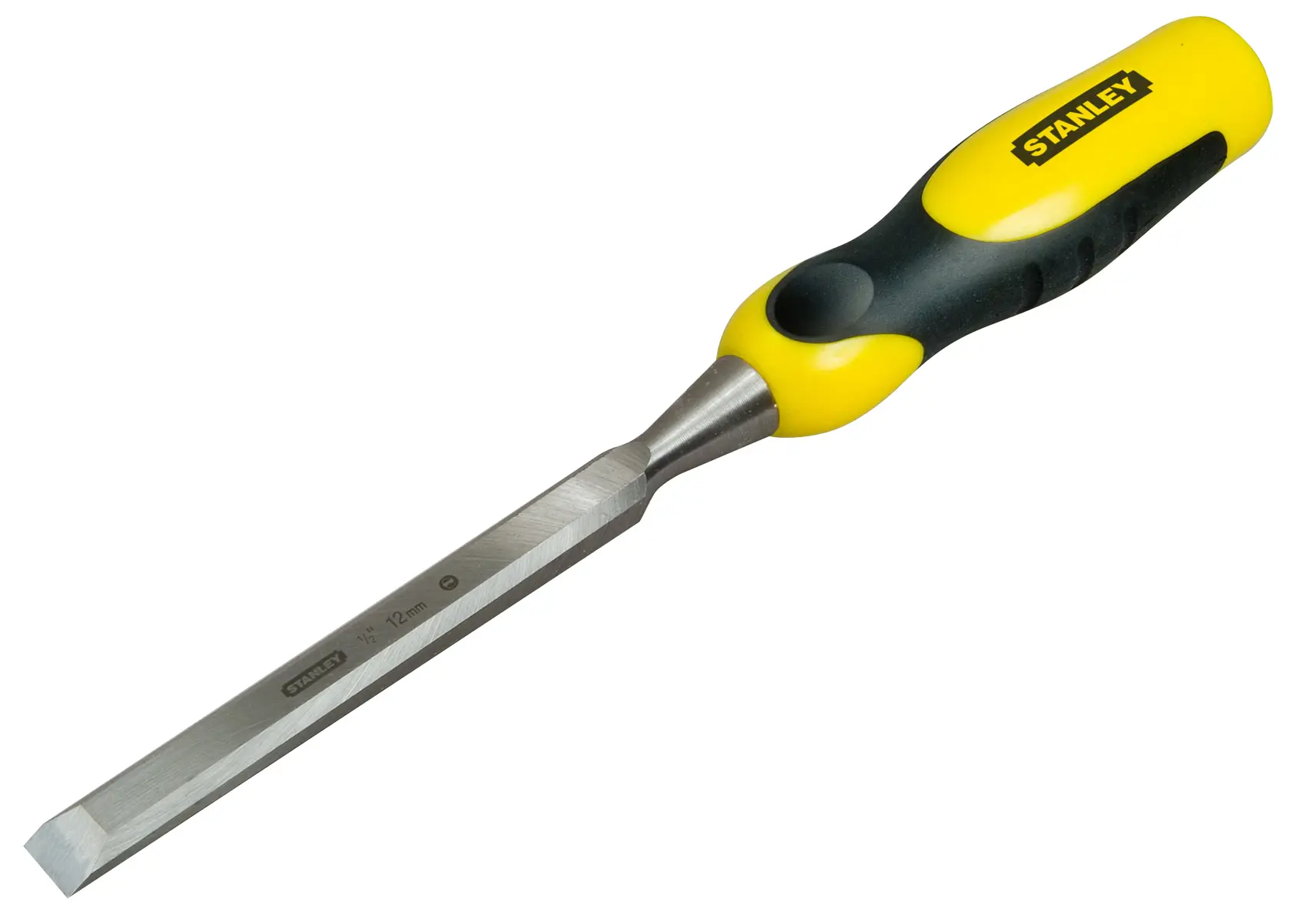 Photo of STANLEY 0-16-873 chisel with yellow and black ergonomic handle, front angle, tool category.