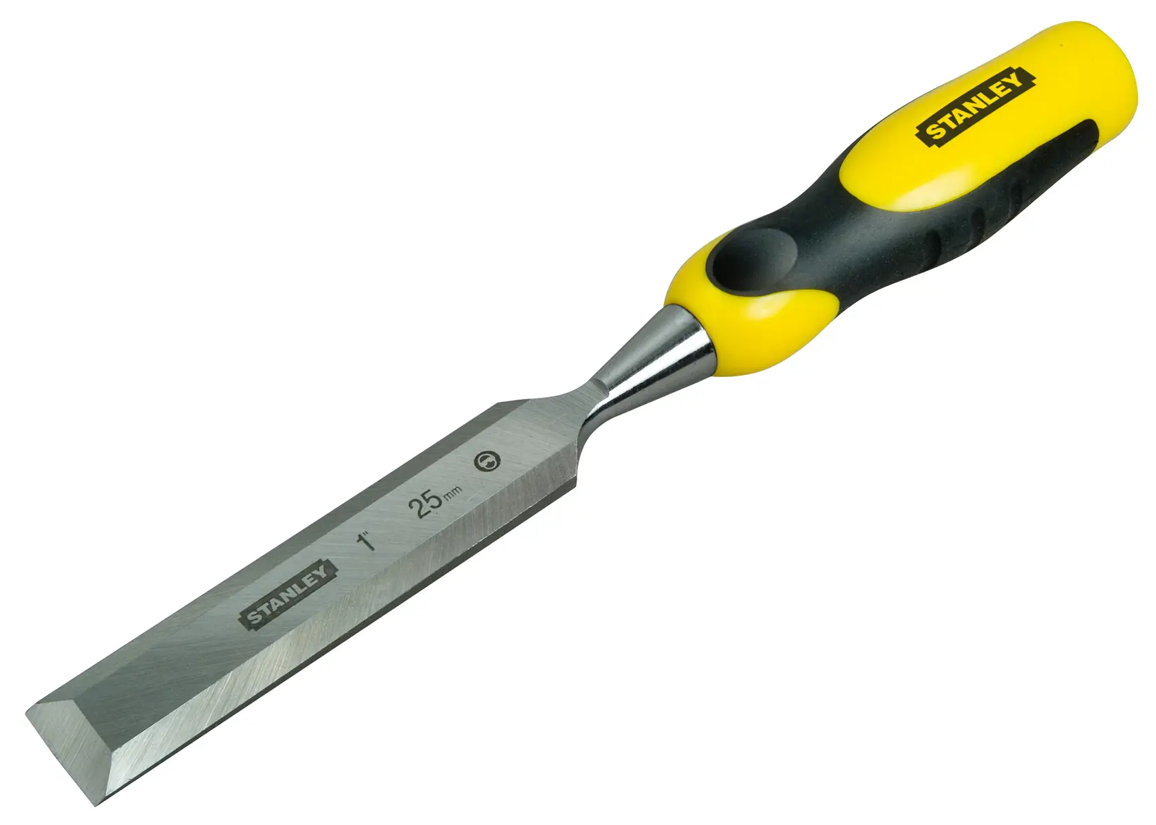 Stanley chisel with yellow and black handle and 25mm steel blade, used for woodworking and carving.