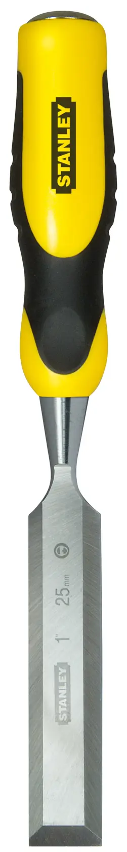 Stanley wood chisel with yellow and black handle and metal blade, designed for woodworking tasks.