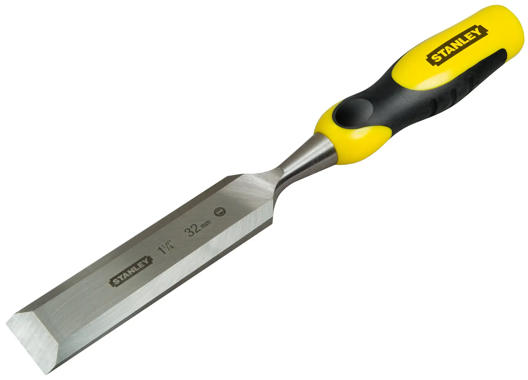 Photo of STANLEY 0-16-881 woodworking chisel with yellow and black handle, angled view on white background.