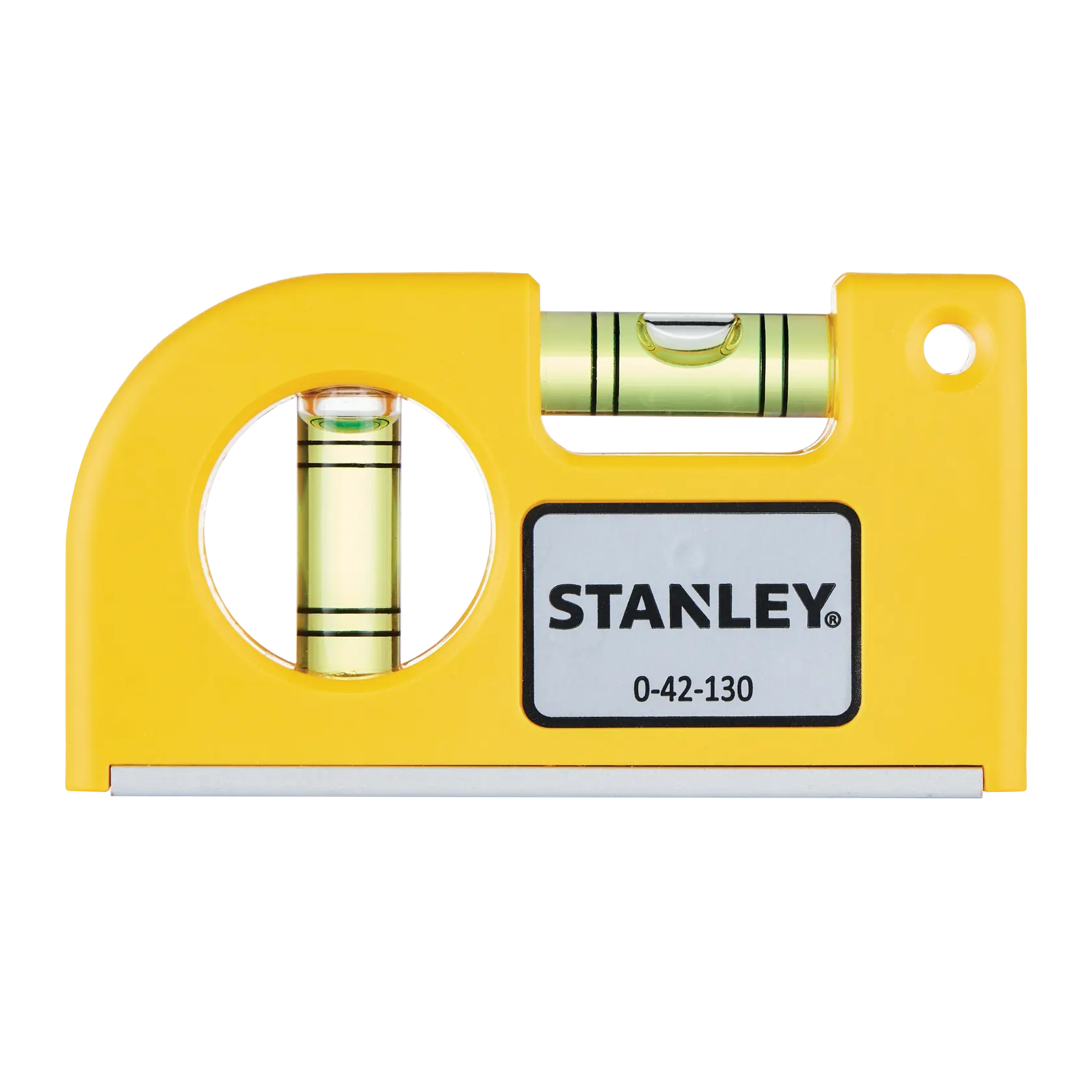 Stanley 0-42-130 yellow spirit level, front angle, compact design with horizontal and vertical vials.