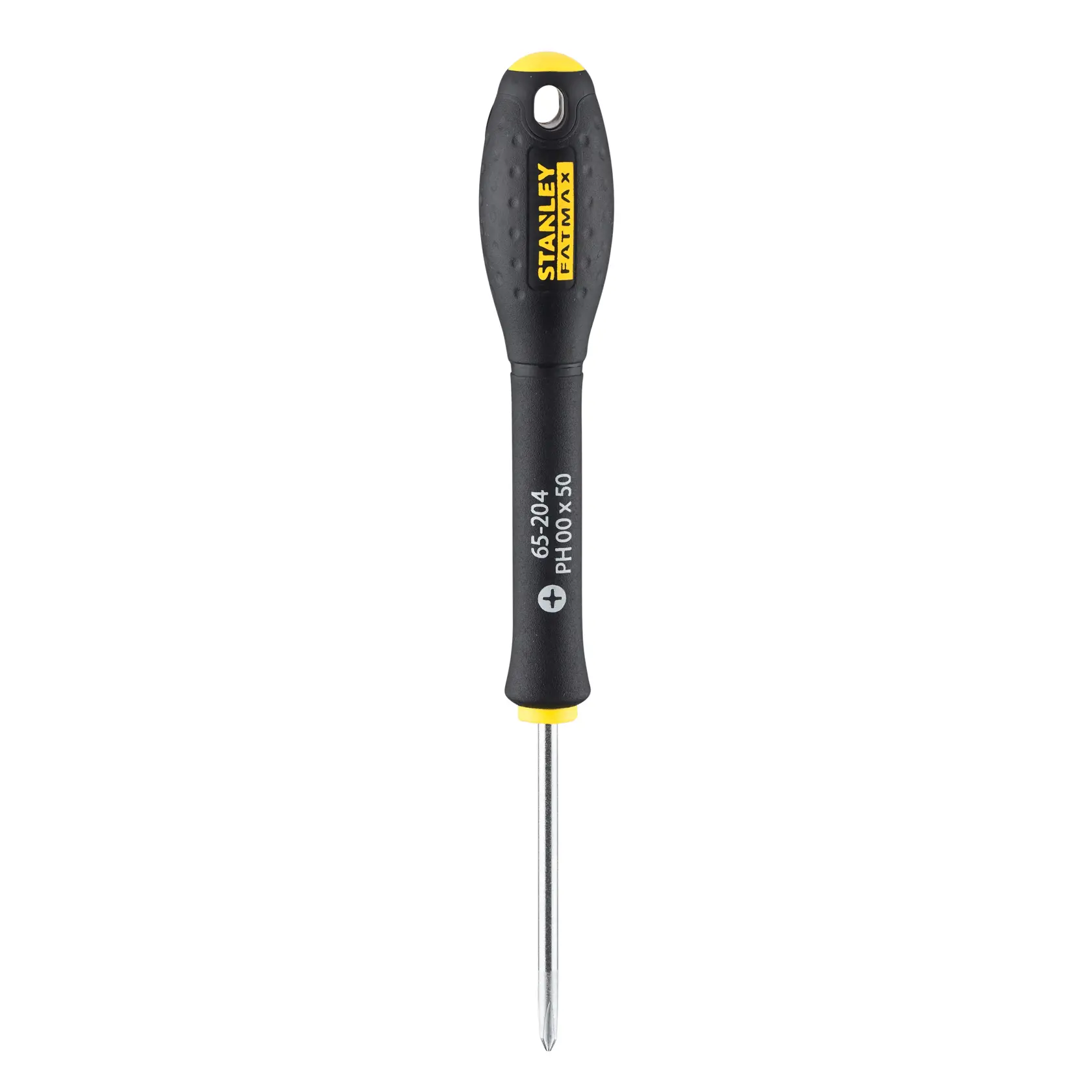 STANLEY 0-65-204 Phillips screwdriver, black and yellow handle, front view on white background.