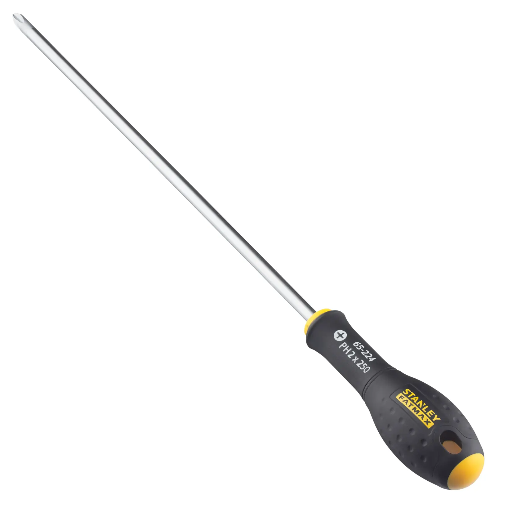 STANLEY 0-65-224 Phillips screwdriver with long silver shaft and black-yellow ergonomic handle, front angle on white.