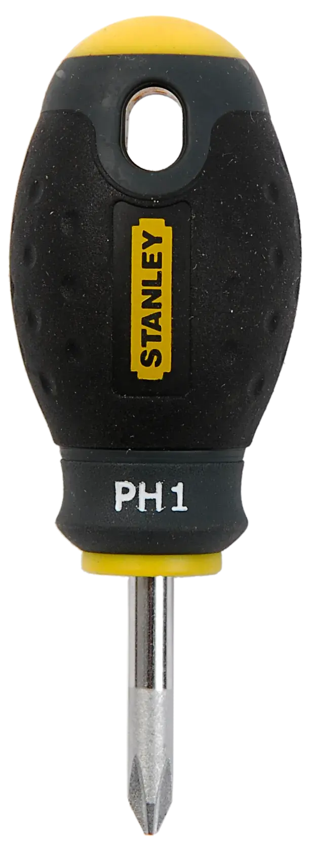 Photo of STANLEY 0-65-406 stubby Phillips screwdriver with black and yellow ergonomic handle, front angle on white background.