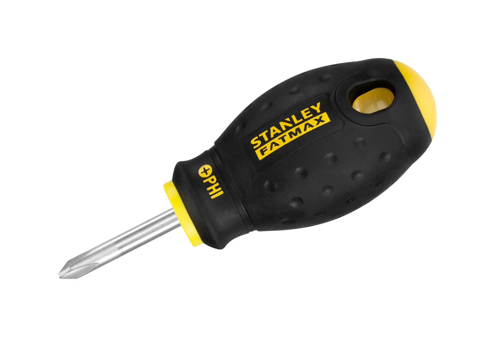 STANLEY 0-65-406 FATMAX stubby Phillips screwdriver, black and yellow handle, side angle photo.