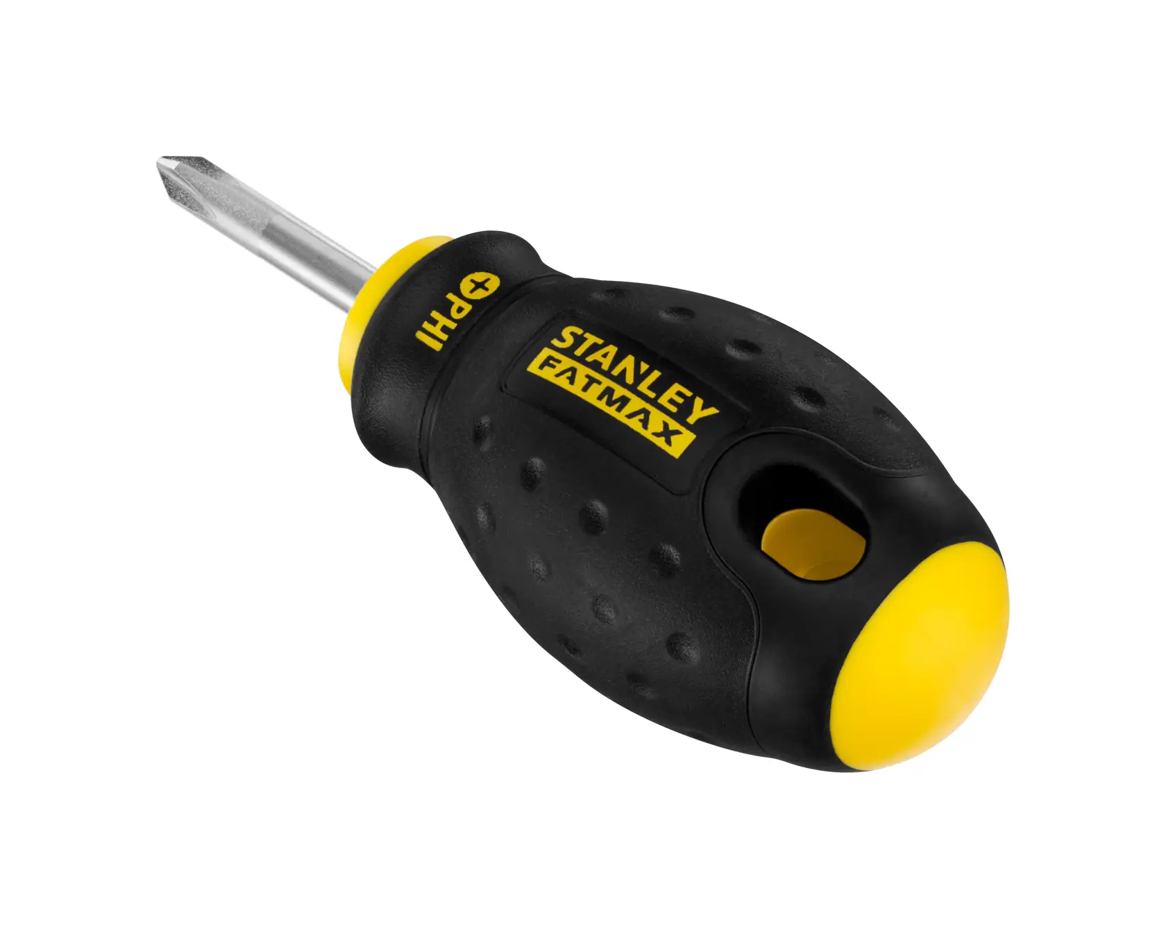 STANLEY 0-65-406 FatMax stubby Phillips screwdriver, black and yellow, photo on white background