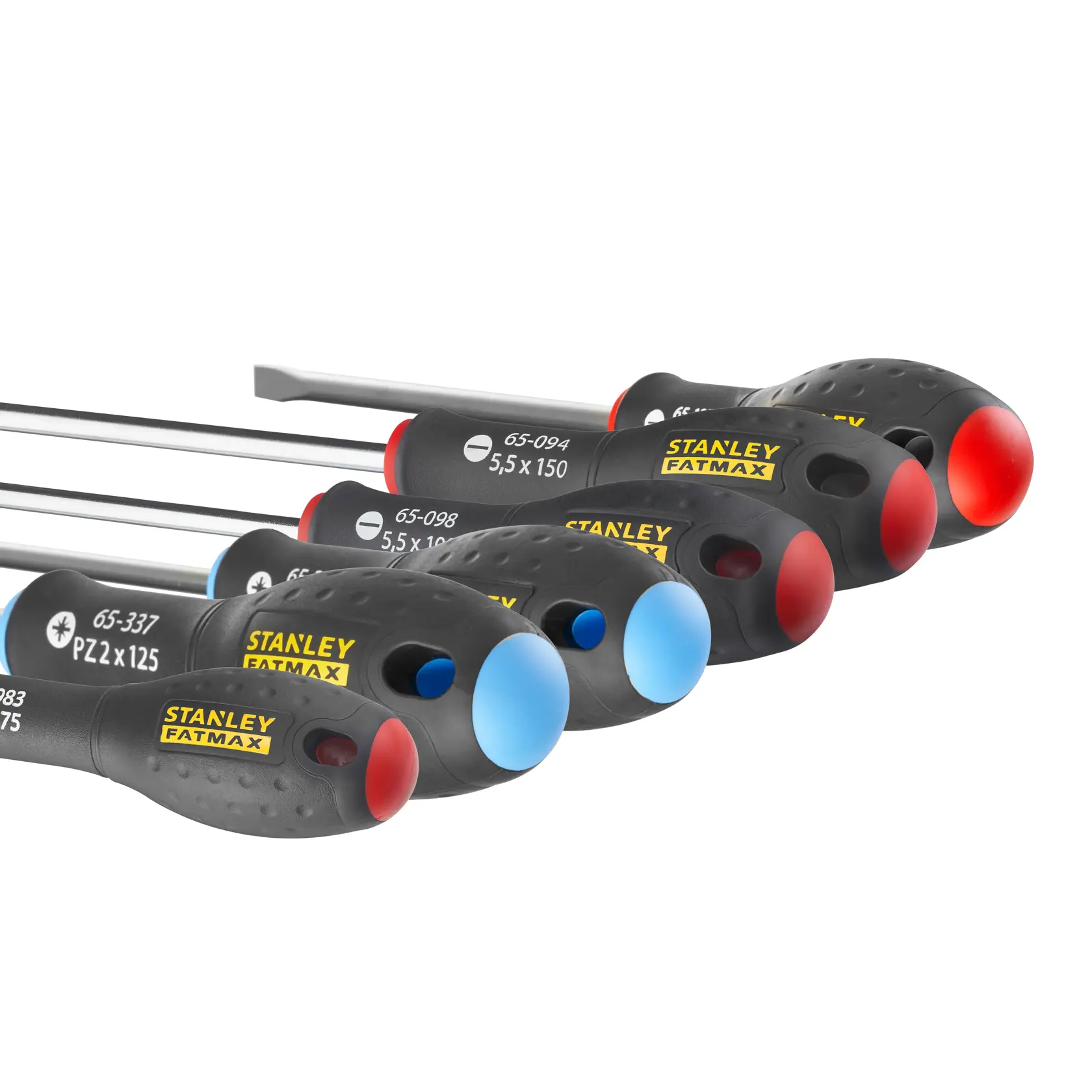 Stanley FatMax screwdriver set with black handles, colored end caps and visible sizing labels.