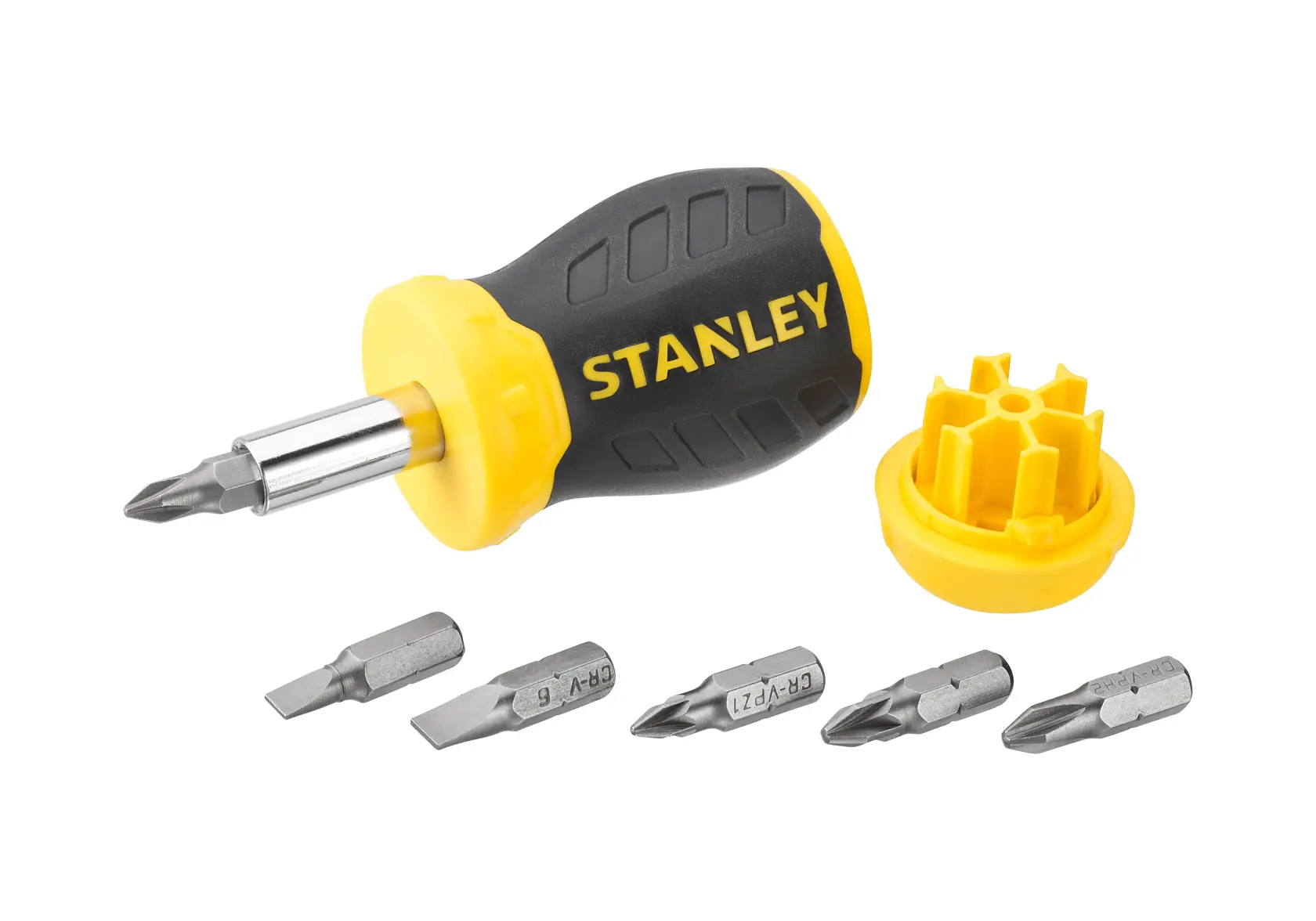 STANLEY 0-66-357 stubby ratchet screwdriver with yellow and black handle, six bits, and bit holder, front angle.