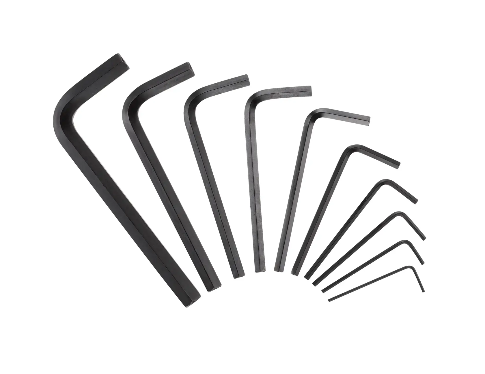 A set of nine black hex keys arranged by size on a white background.