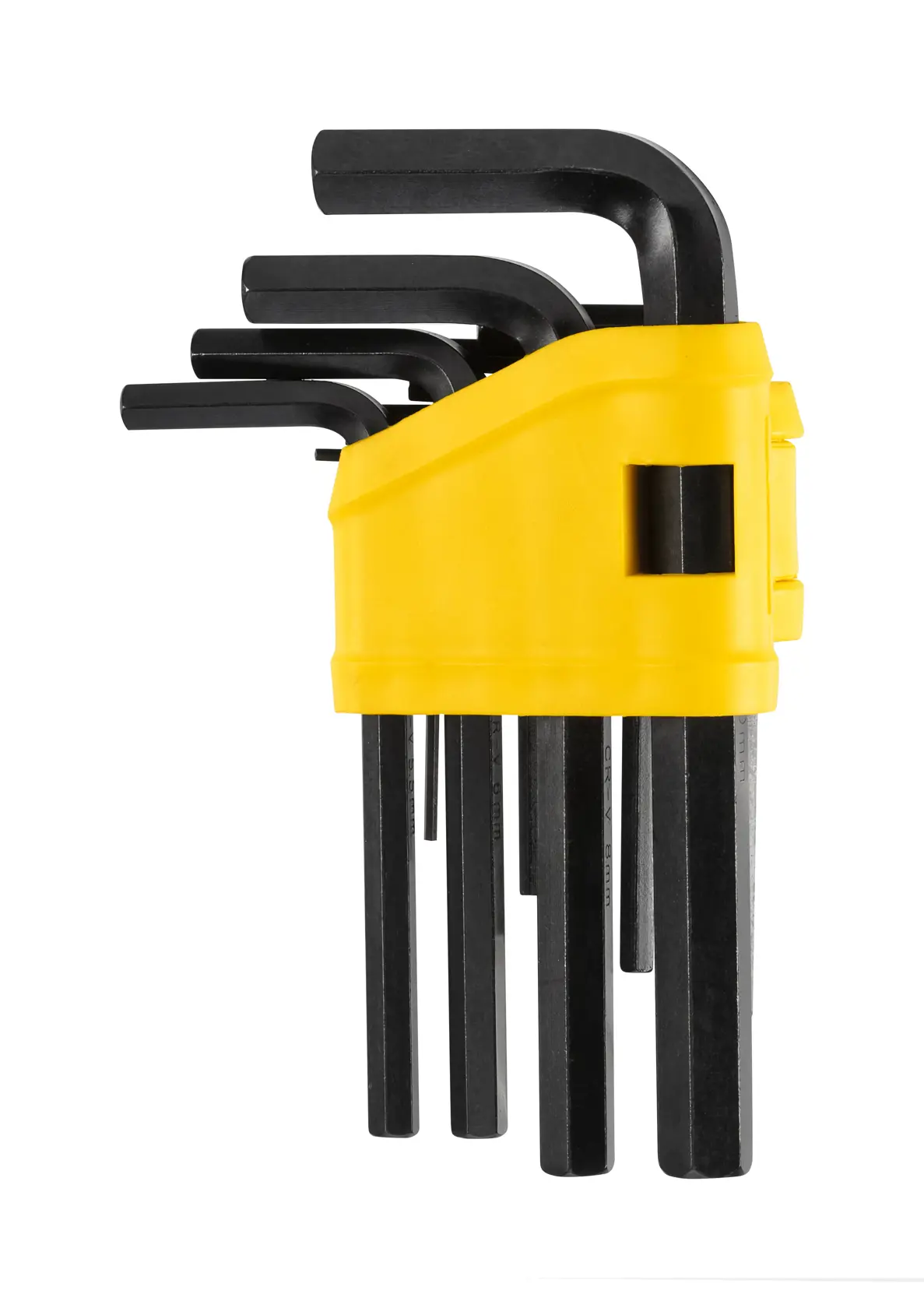 STANLEY 0-69-253 hex key set with black L-shaped wrenches in a yellow holder, product side angle on white background.
