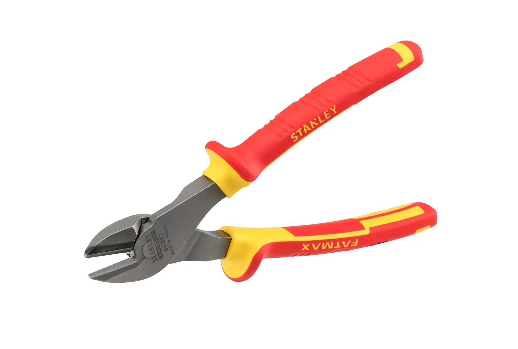 Stanley side cutting pliers with red and yellow insulated handles, suitable for electrical work.