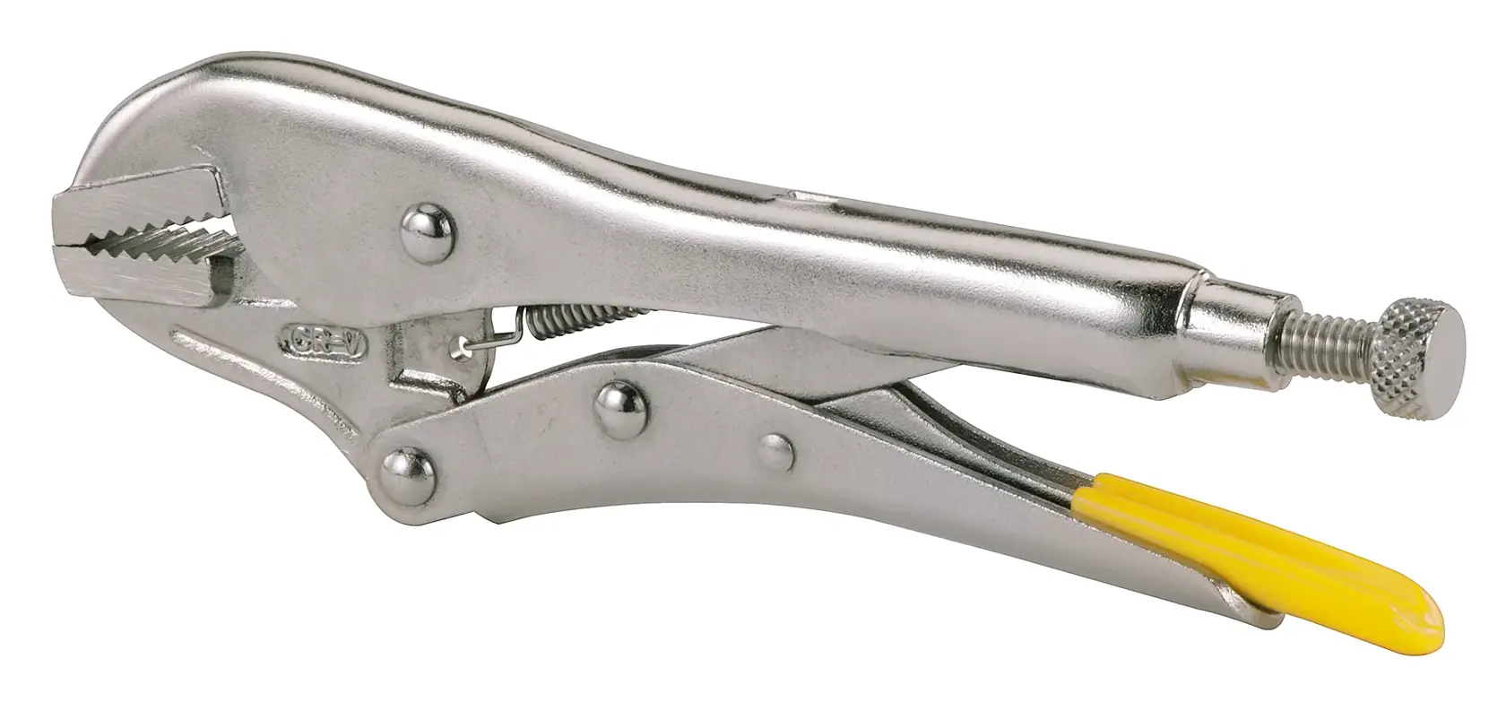 STANLEY 0-84-810 locking pliers with chrome finish and yellow handle grip, product side view on white background.
