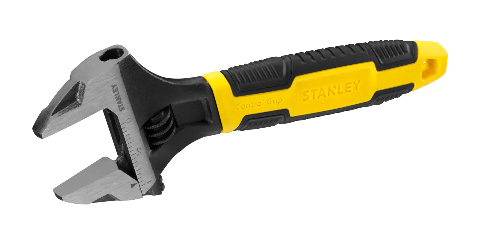 Adjustable wrench with a yellow and black Stanley handle, suitable for various bolt sizes.