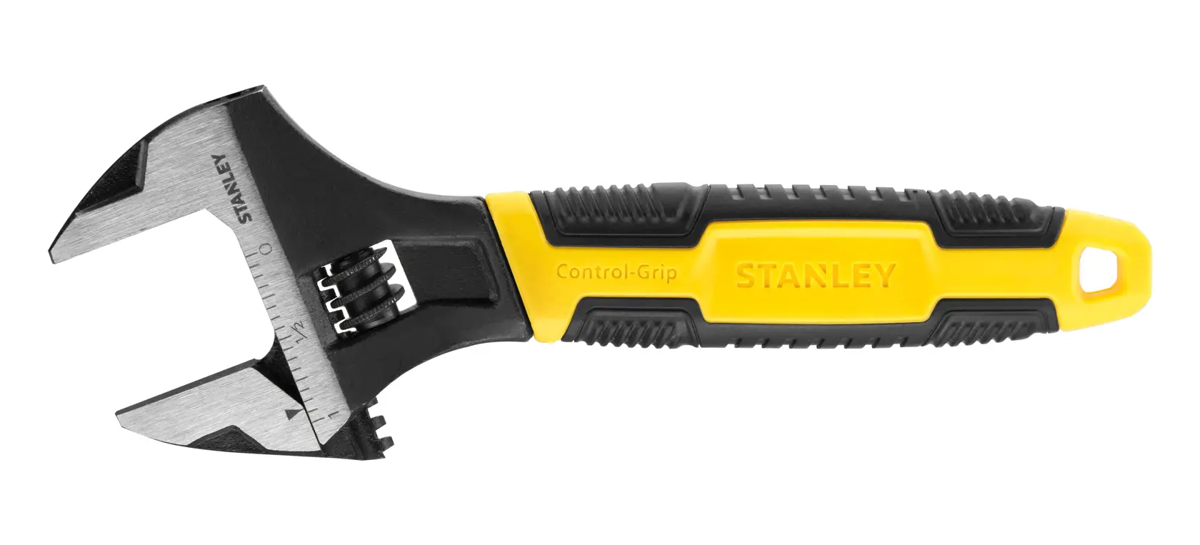 Stanley adjustable wrench with black and yellow handle, control grip, and measurement markings on the jaws.