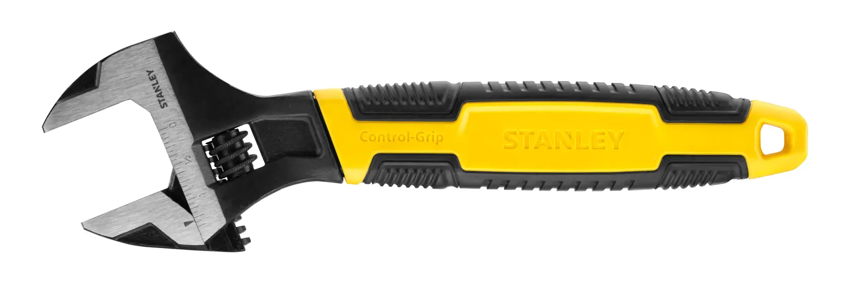 Stanley adjustable wrench with black and yellow handle, control grip, and wide jaw for various fastening tasks.
