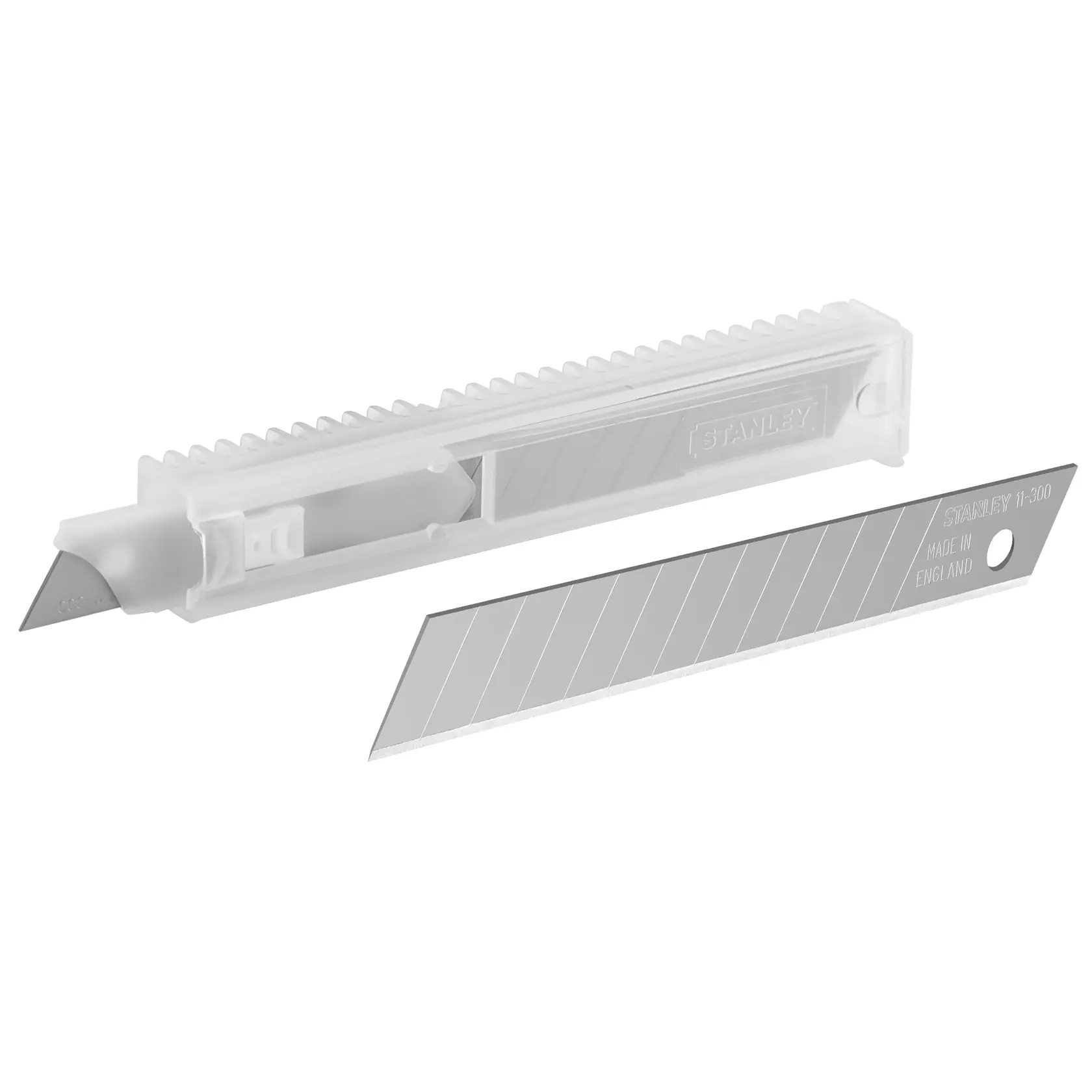 STANLEY 1-11-300 snap-off utility blade with clear plastic case, side angle, silver color.