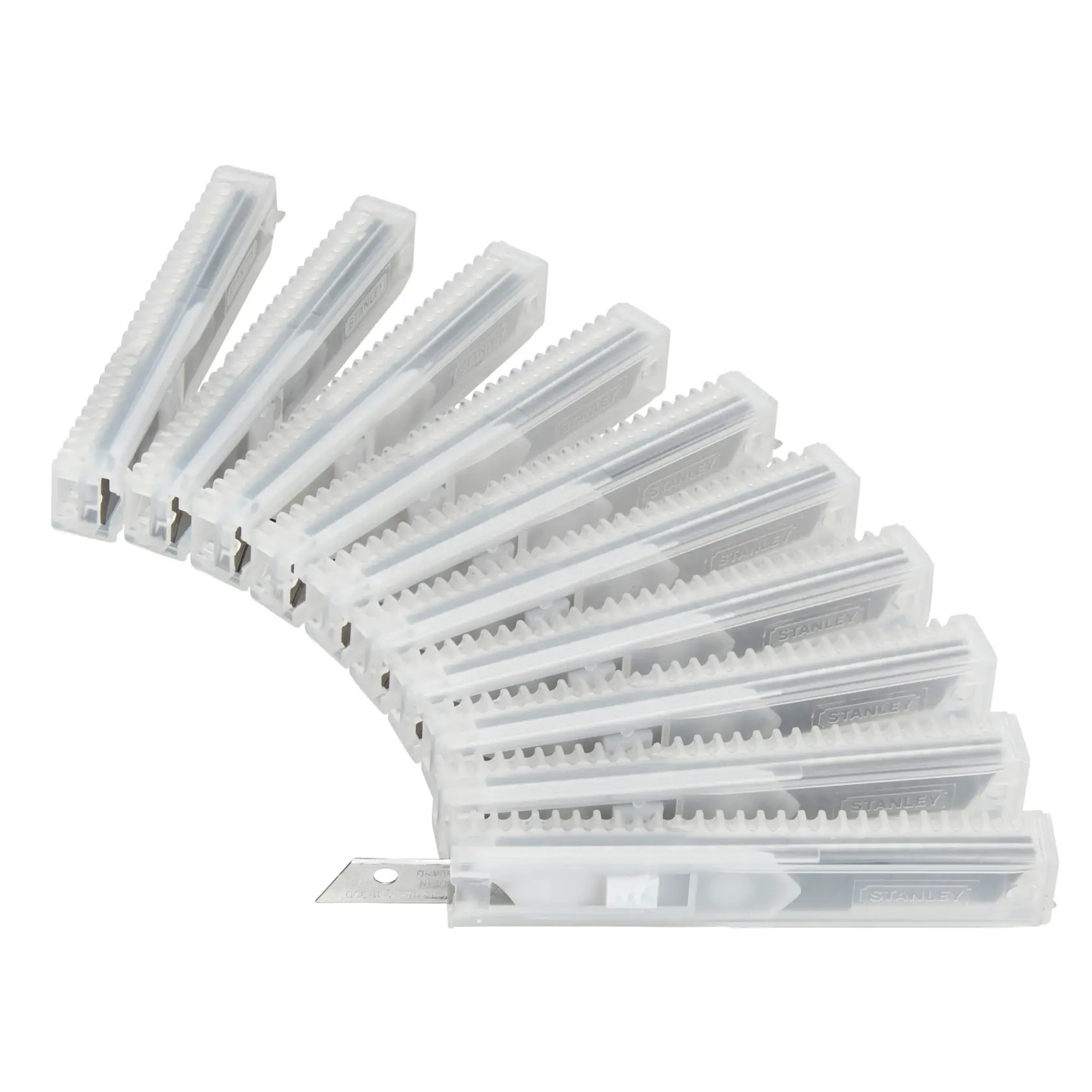 STANLEY 1-11-300 cutter blades in clear plastic cases, fanned layout, product photography on white background.