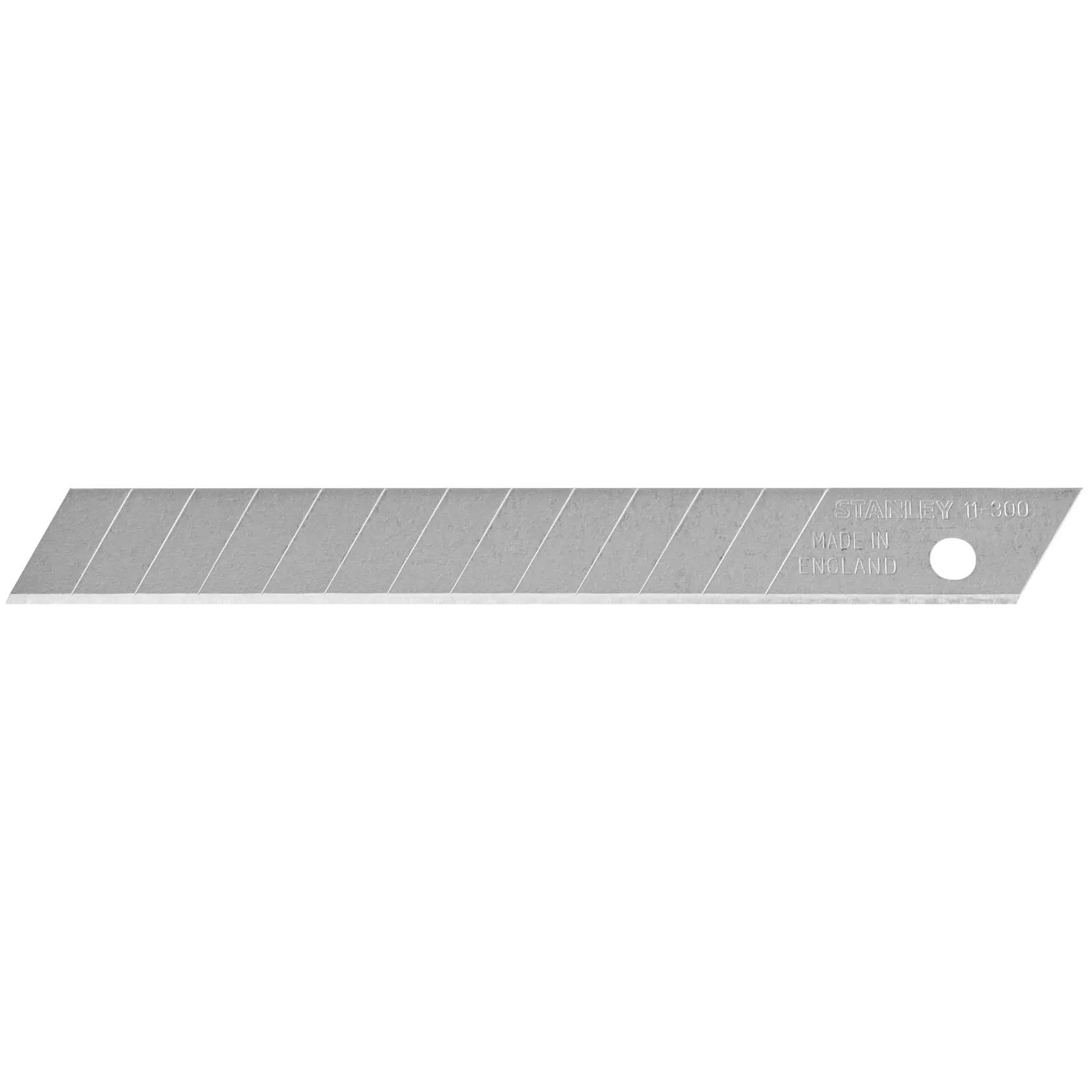 STANLEY 1-11-300 snap-off utility knife blade, silver, segment lines, close-up on white background.