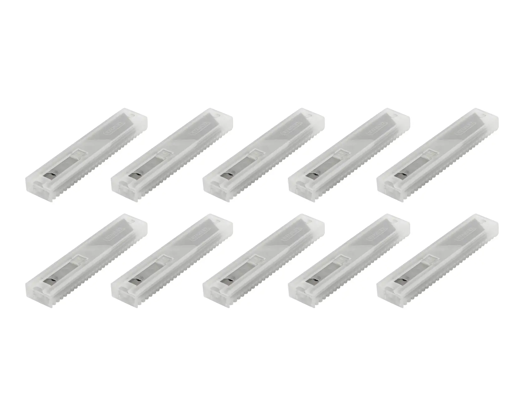 Stanley 1-11-301 utility blade pack, set of ten, clear cases, angled front view, photography