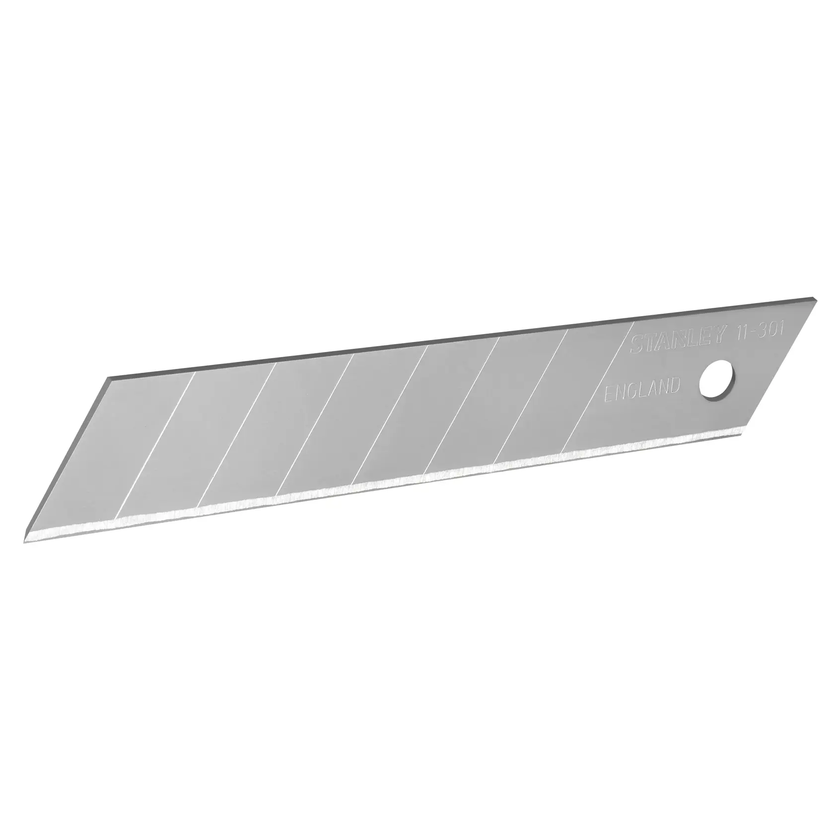 STANLEY 1-11-301 snap-off utility blade, silver, angled edge, single blade on white background.