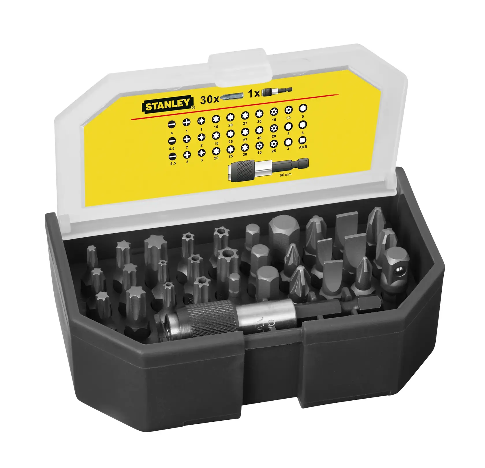 STANLEY 1-13-903 bit set kit with 30 assorted screwdriver bits in a black plastic case, lid open, front angle.