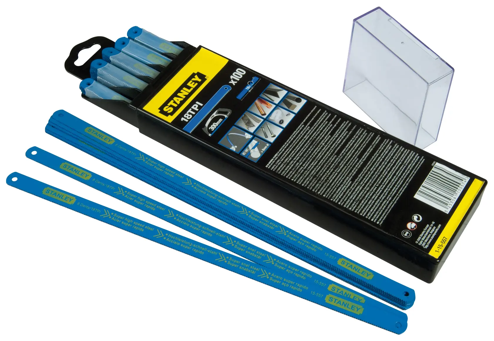 Stanley 1-15-557 pack of blue hacksaw blades with label and clear plastic box, blades are displayed outside.
