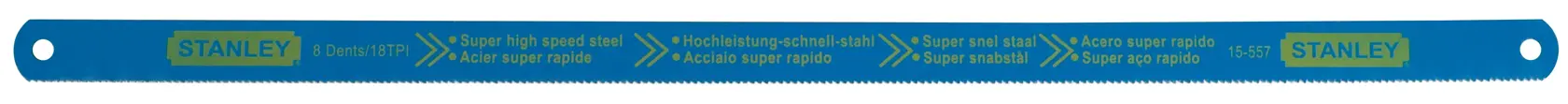 Stanley 1-15-557 blue hacksaw blade with super high speed steel, fine teeth, and mounting holes at both ends.
