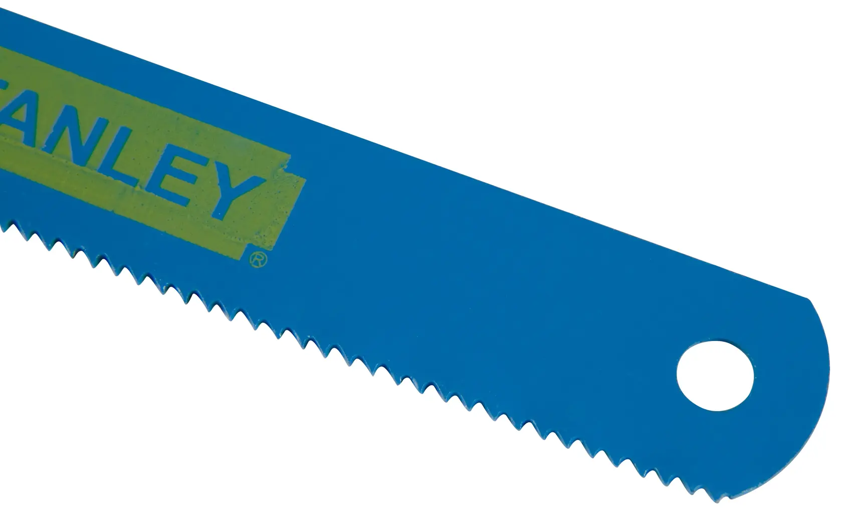 Close-up of a blue Stanley saw blade with sharp teeth and a hole at the end.