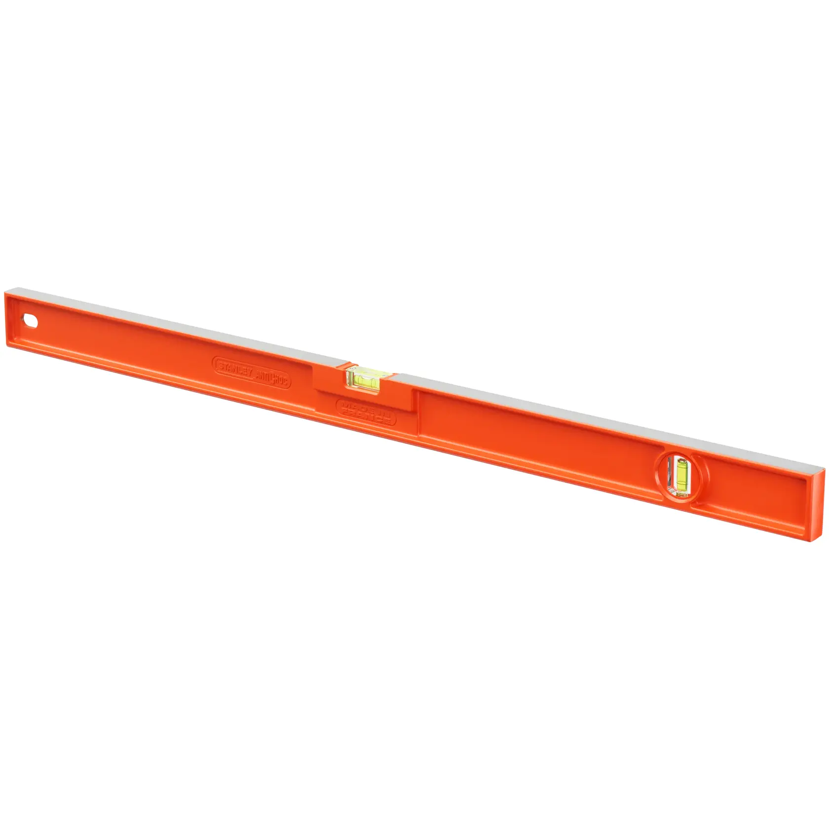 STANLEY 1-42-254 orange spirit level with two bubble vials, side view on white background.