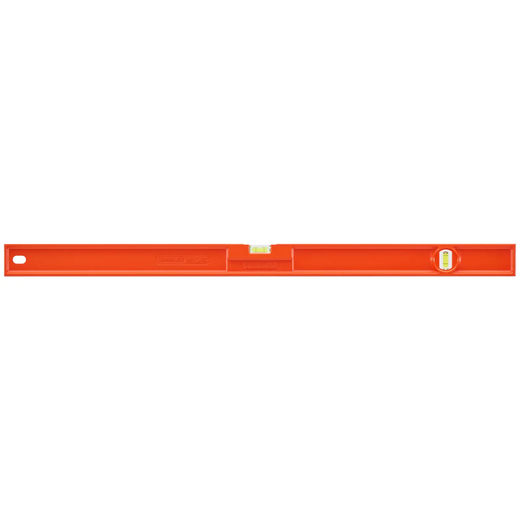Photo of STANLEY 1-42-254 orange spirit level, front view, with two bubble vials, rectangular design.