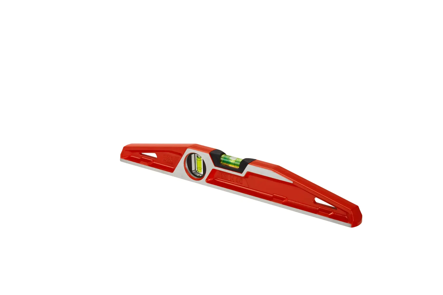 Red Stanley spirit level tool with bubble vial, used for measuring horizontal alignment.
