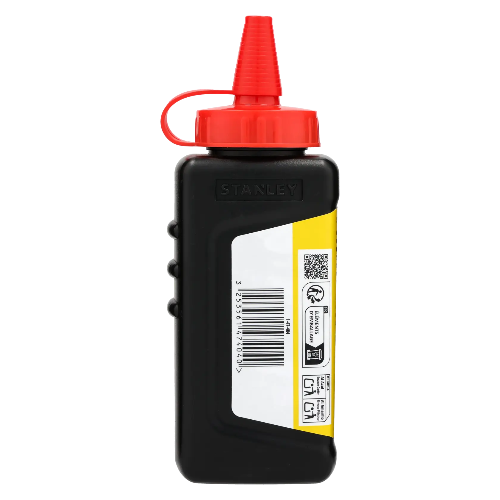 STANLEY 1-47-404 chalk powder bottle, black container with red nozzle, side view, product photography.