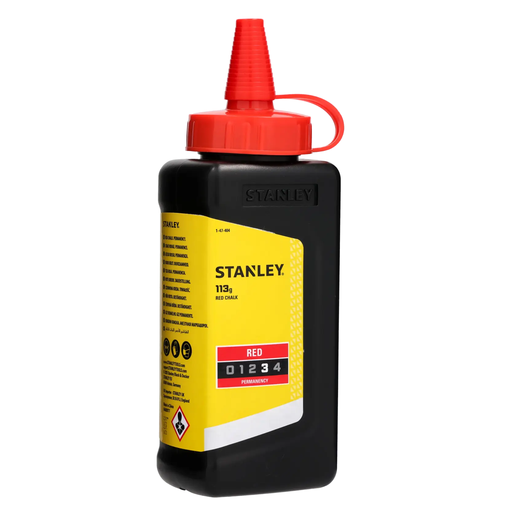 STANLEY 1-47-404 red chalk bottle, 113g, photography of product angled on white background.