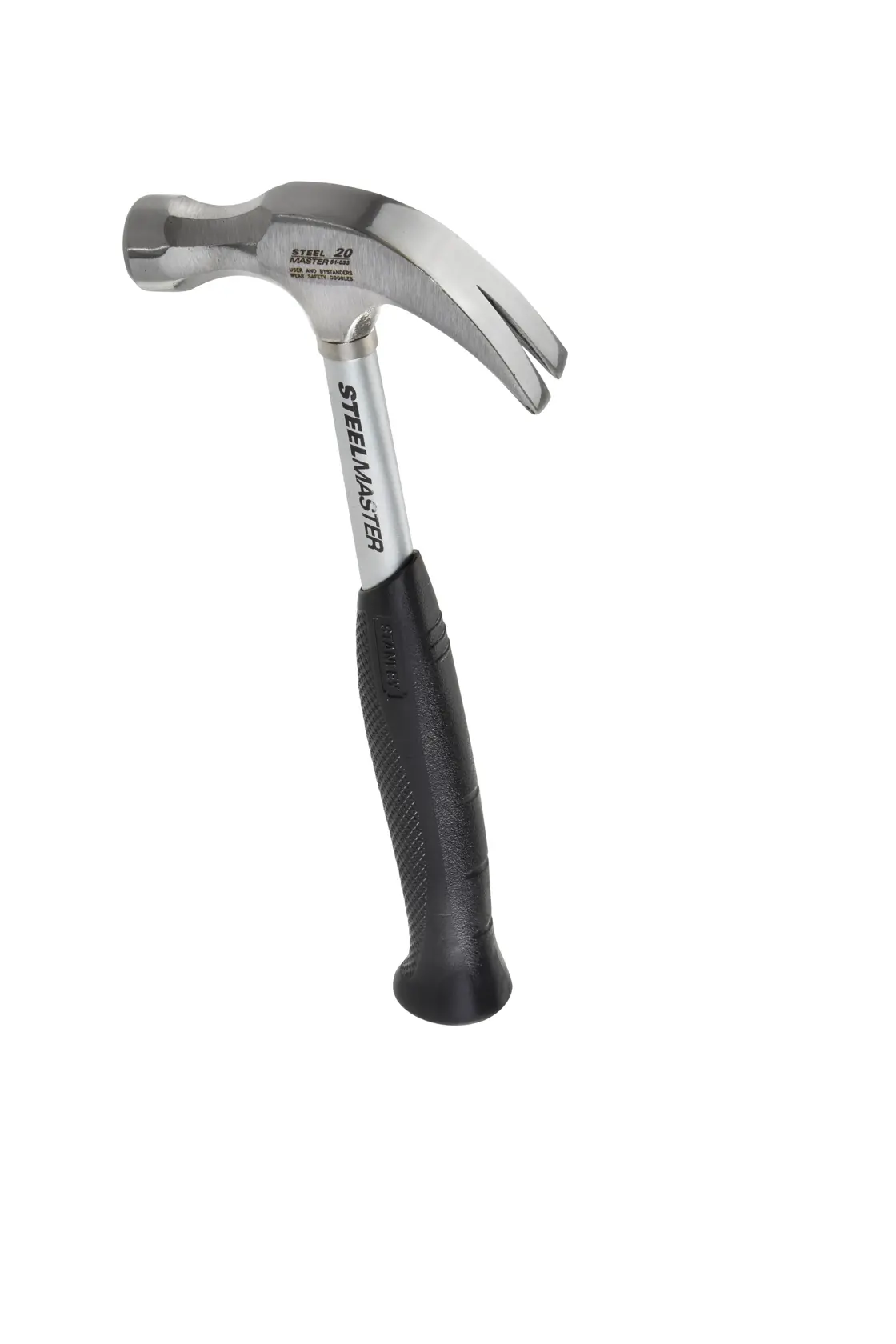 A STANLEY claw hammer with a steel shaft and black grip handle, shown on a white background.