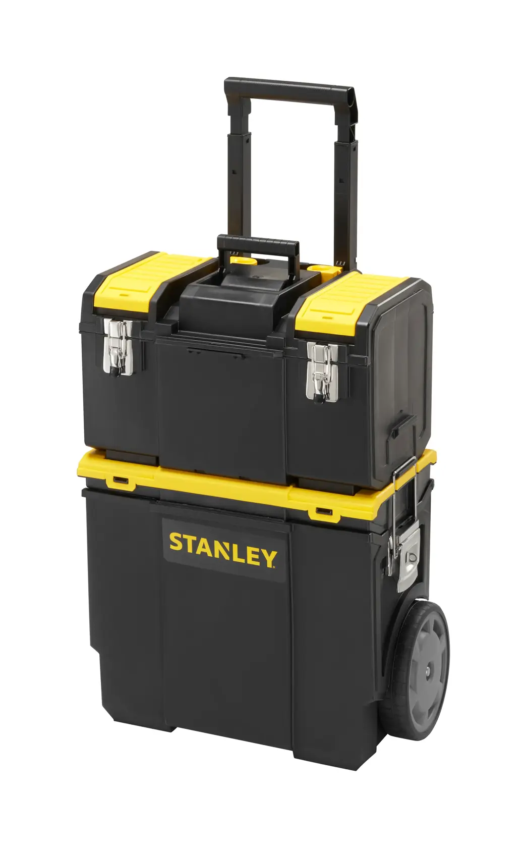 STANLEY 1-70-326 rolling toolbox with black and yellow stackable compartments, front angle on white background.
