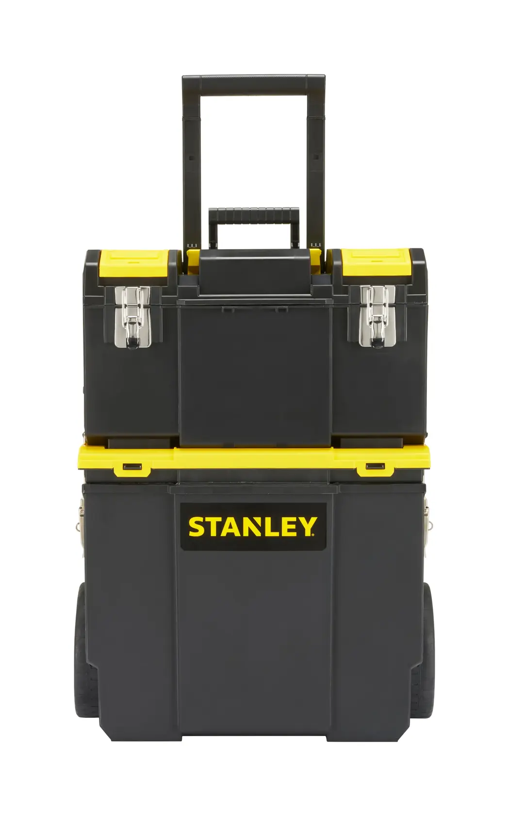 STANLEY 1-70-326 mobile tool chest, black and yellow, photography, front angle on white background.