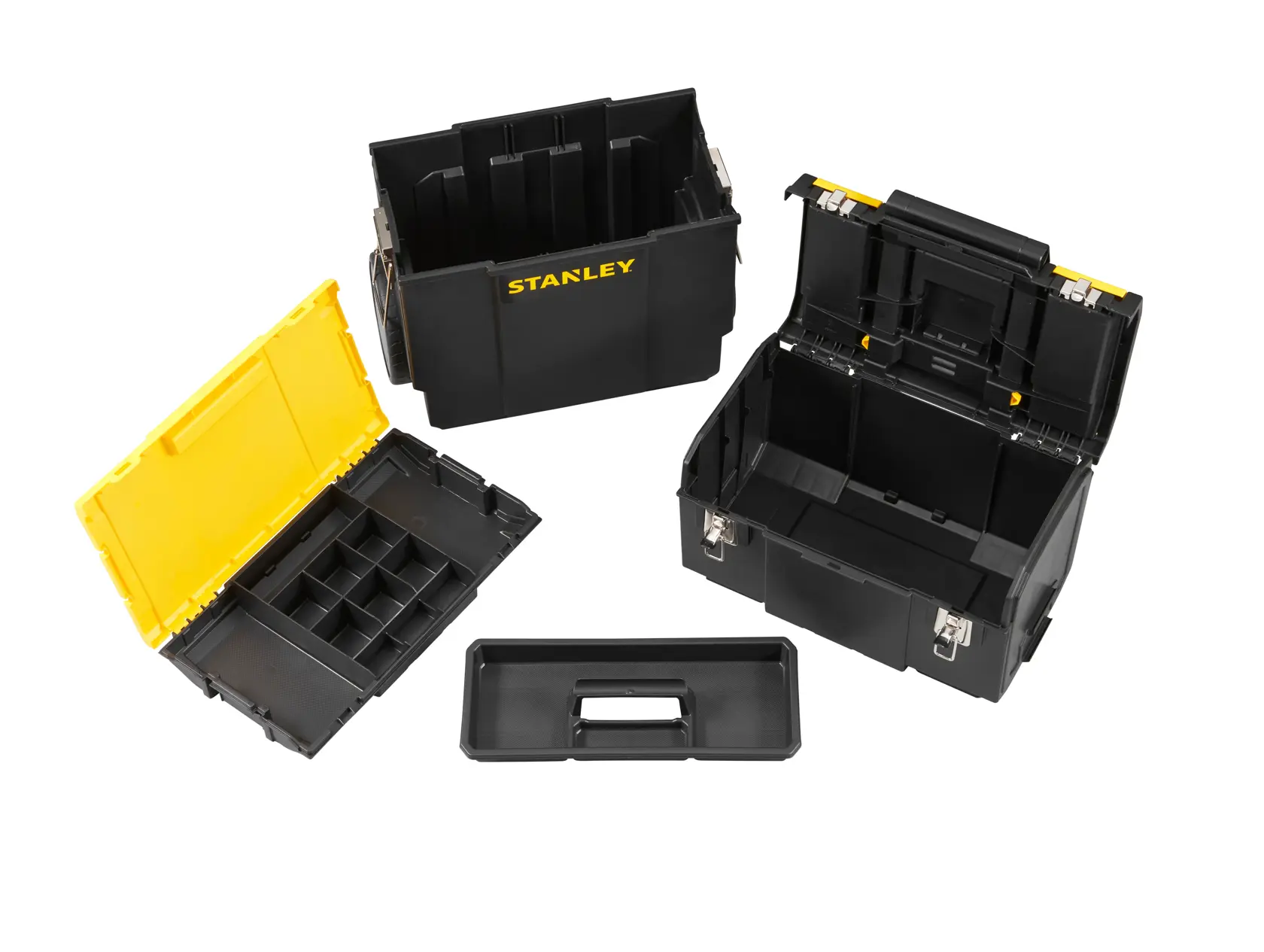 STANLEY 1-70-326 black and yellow modular toolbox set shown open from top angle.