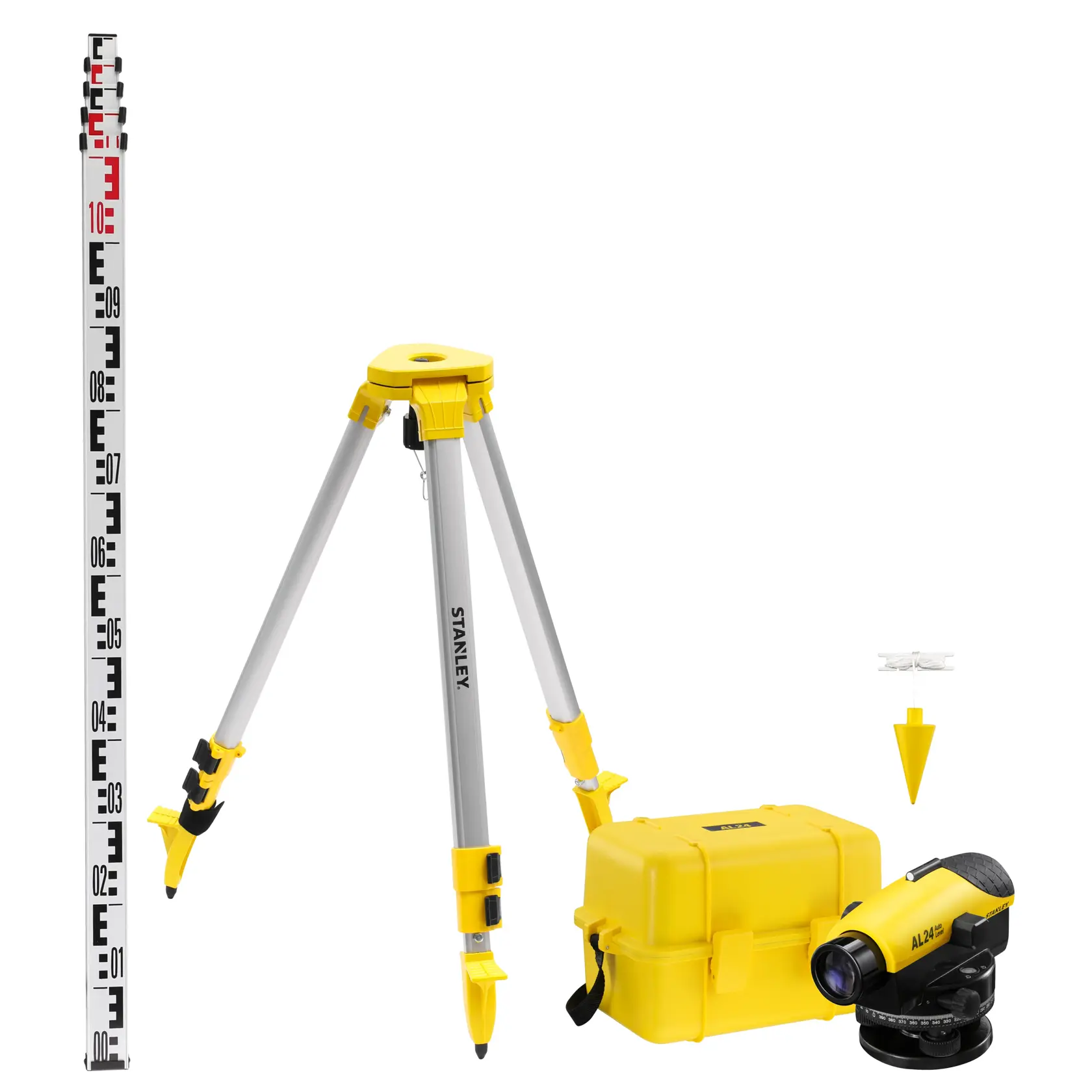 Photo of STANLEY 1-77-160 level kit with tripod, leveling rod, carrying case, and optical level on white background.